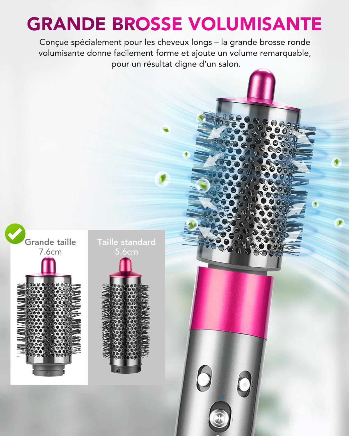 Detalle 2 de Grande Brosse Volumisante compatible Dyson Airwrap – poils longs et fins, modèle fuchsia