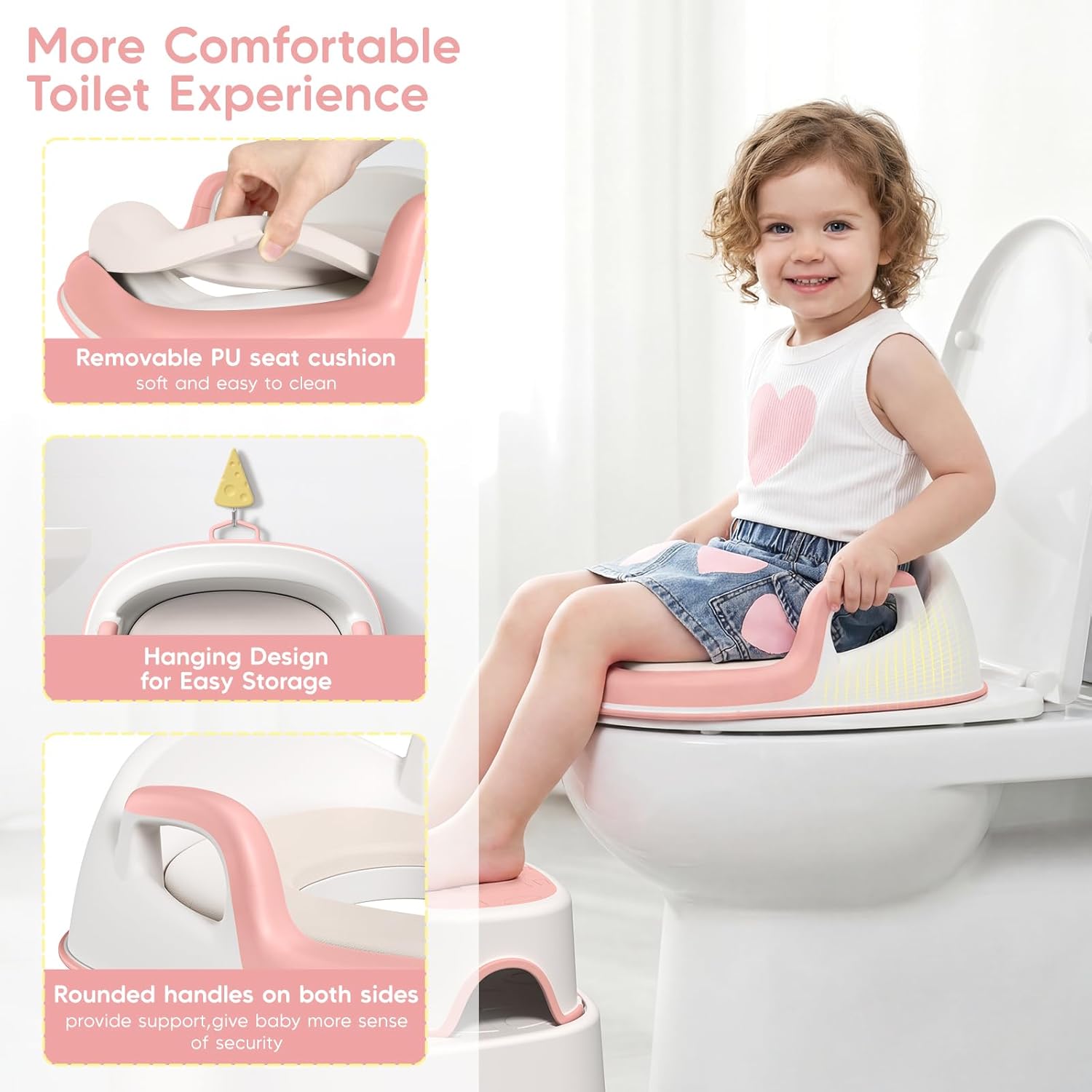 Detalle de Maliton Toddler Toilet Seat with 2 Step Stool (Pink) – Anti-Slip, Handles & Splash Guard for 1–8 Years