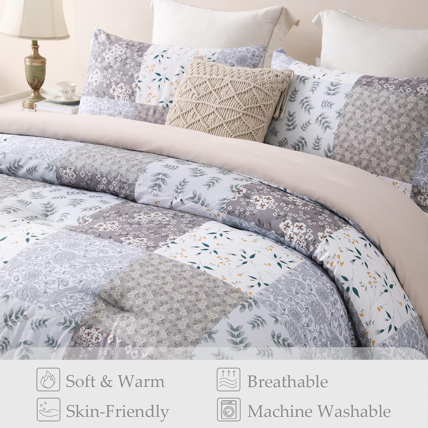 Detalle de Whale Flotilla Double Size Coverless Duvet Set 7.5 Tog, Patchwork Floral – 200×200cm, Grey