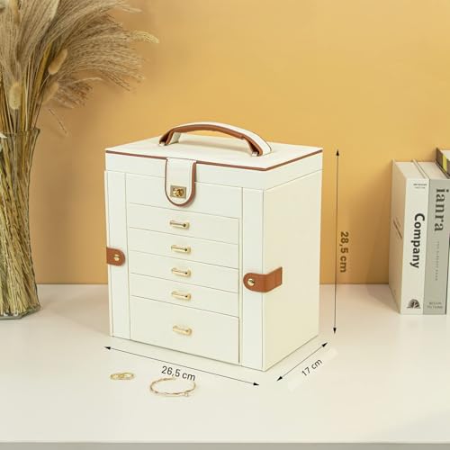 Thumbnail 3 de KAMIER Boîte à bijoux grande avec miroir et 5 tiroirs — rangement élégant en bois et cuir synthétique