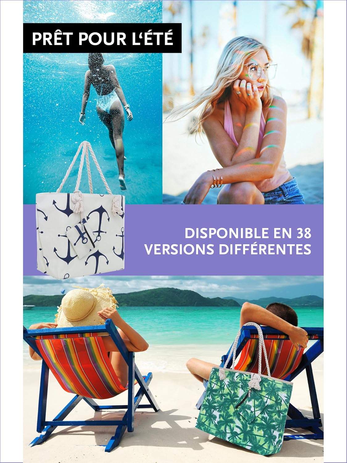Detalle de DonDon Grand sac de plage imperméable avec fermeture à glissière – Grand format et poche zippée