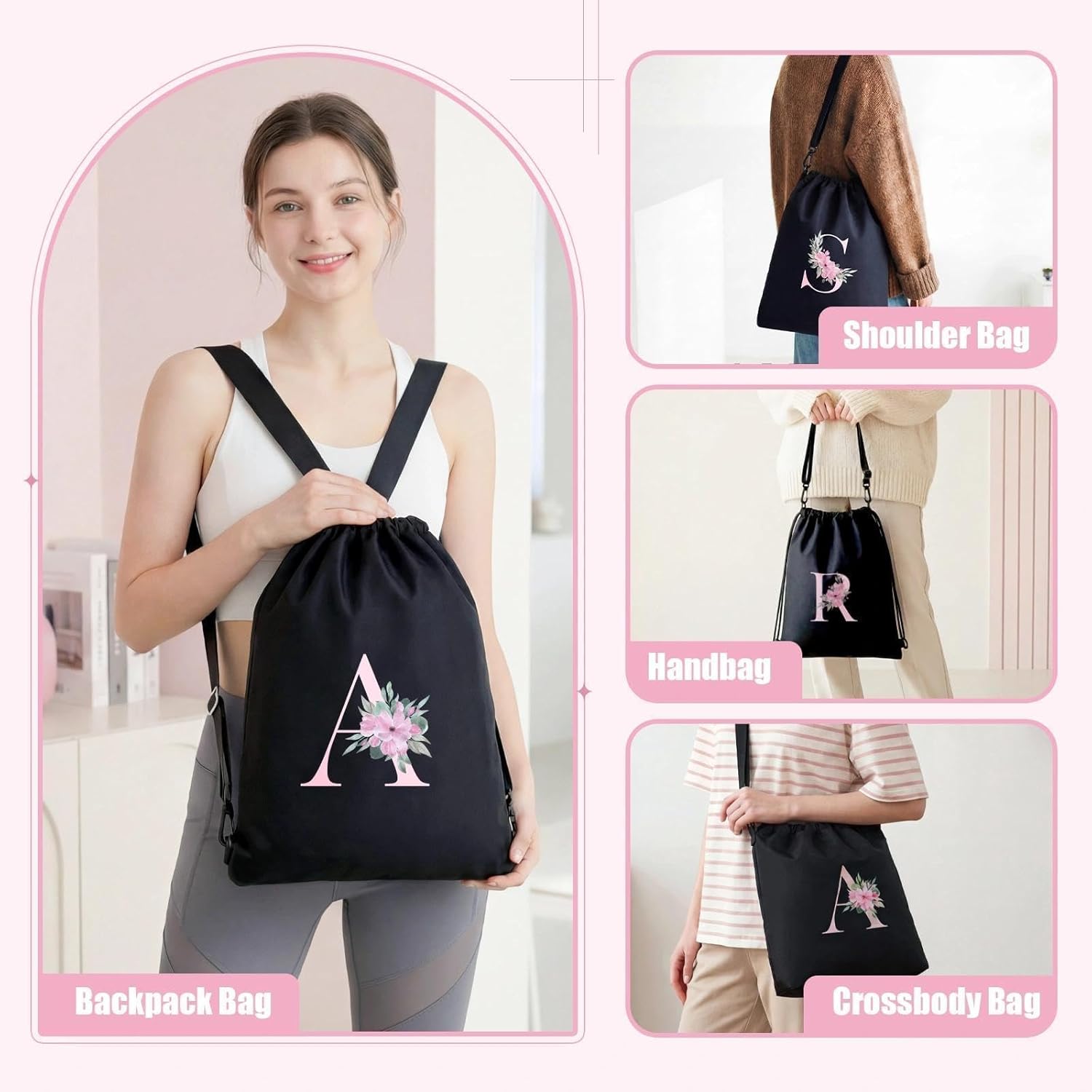 Detalle 2 de A-Z BAG Zaino Personalizzabile con Iniziale Fiore – 4 in 1 Impermeabile Nero