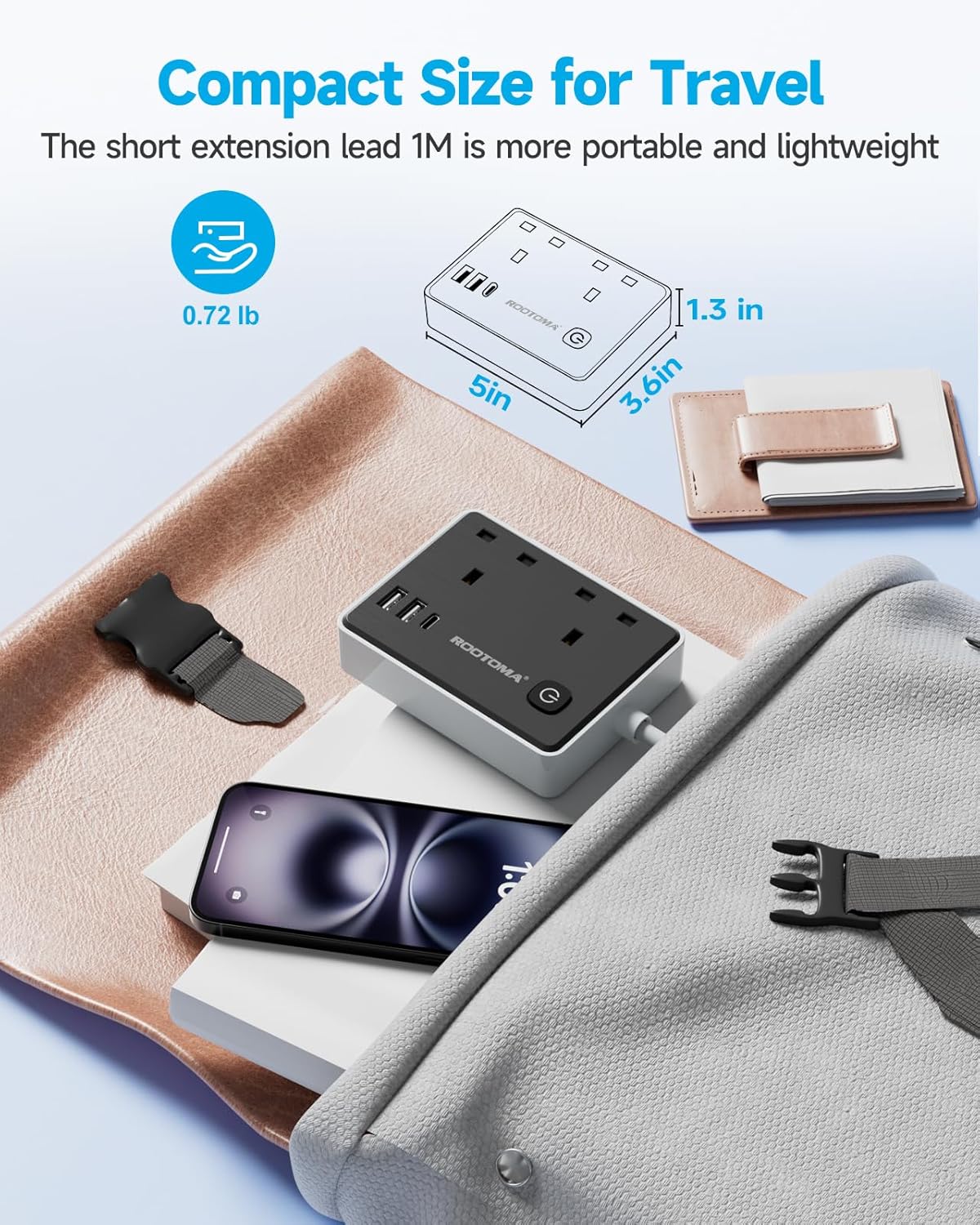 Detalle de Black Extension Lead 1M with 3 USB Slots (1 USB-C) – 2-Gang Short Power Strip with Surge Protection