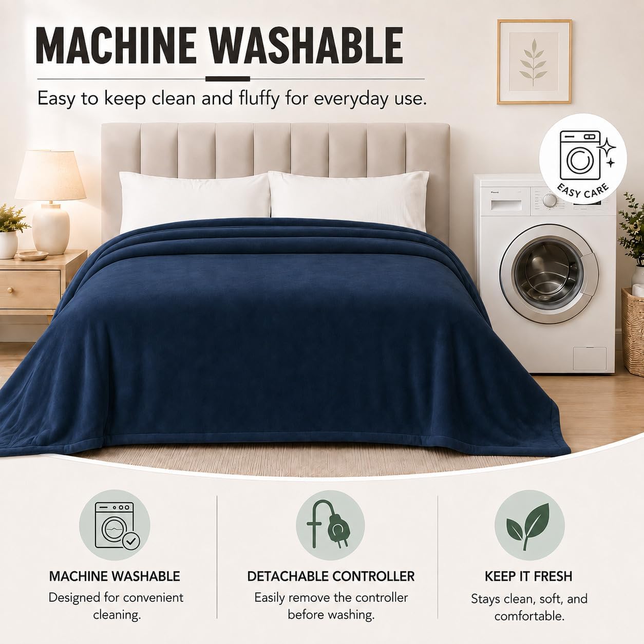 Detalle de Ladung WDJ-EBA-BL-QS Electric Heated Blanket, Queen 84 × 90 in, Dark Blue