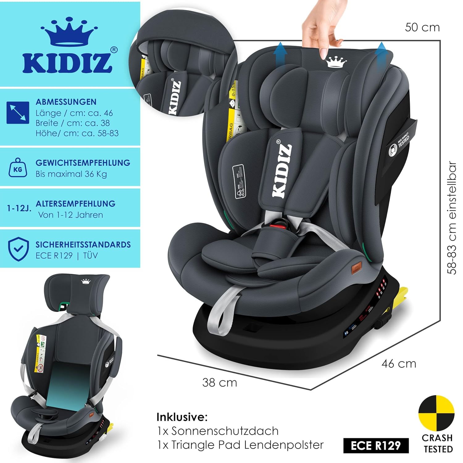 Thumbnail 6 de KIDIZ Autokindersitz mit Isofix i-Size R129 100-150cm – mitwachsender Sitz, 5-Punkt-Gurt, höhenverstellbare Kopfstütze, Anthrazit