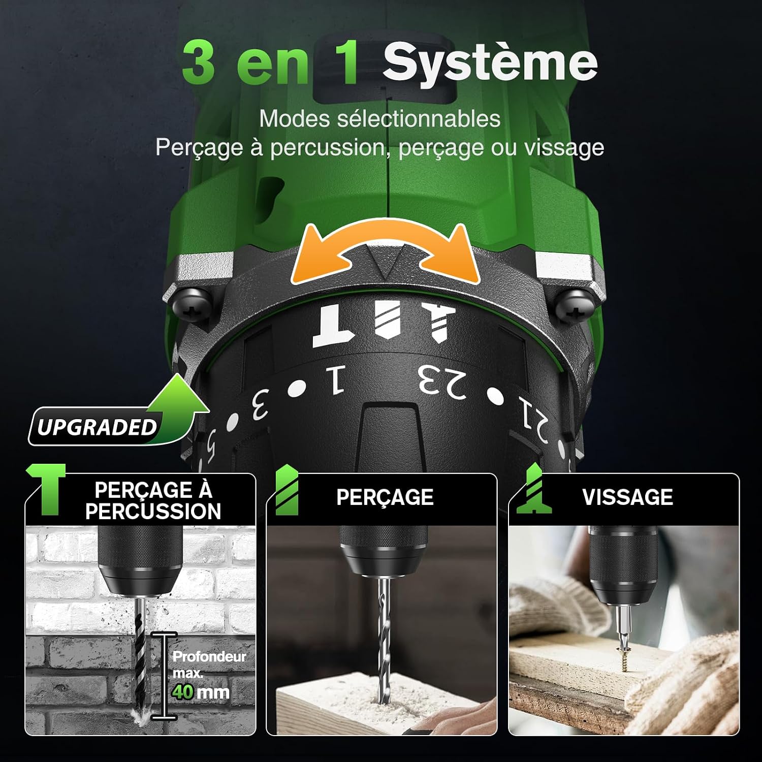 Thumbnail 3 de Ginour Brushless Perceuse-Visseuse à Percussion sans fil 50 Nm, 21V – 2 vitesses, 10 mm, batterie 2 Ah