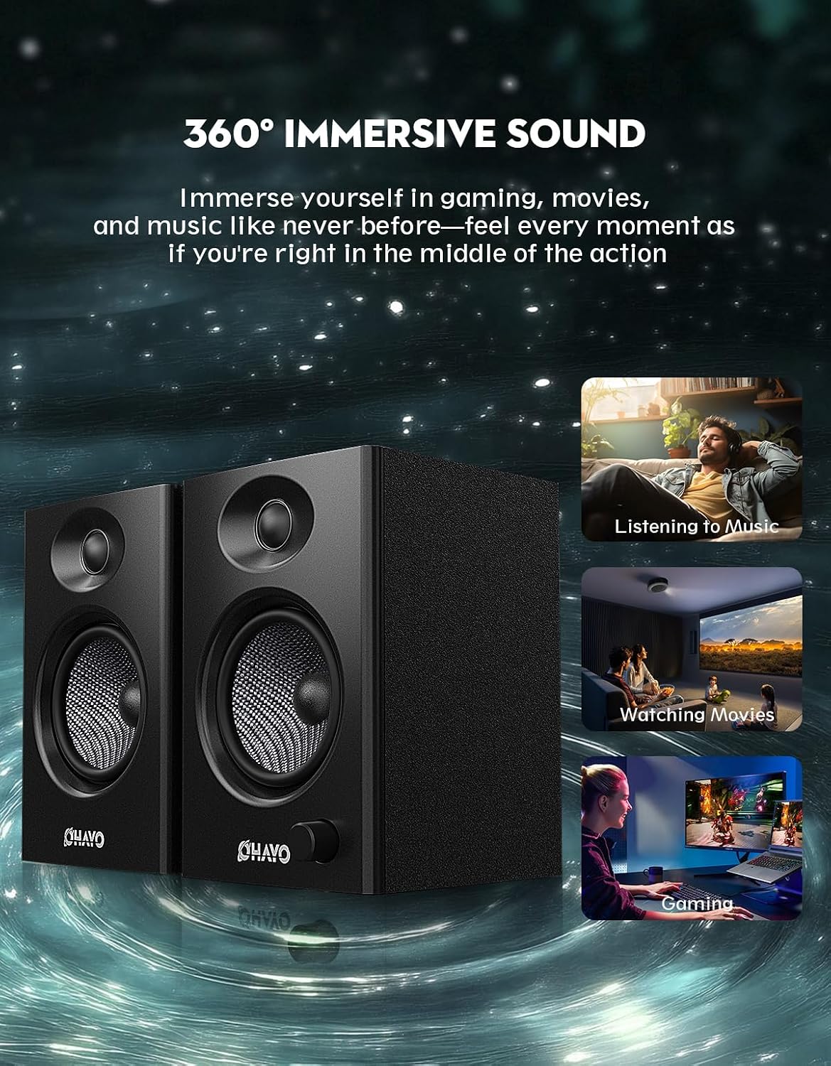 Detalle de OHAYO 60W Active Bookshelf Speakers (Bluetooth 5.3, USB/RCA/AUX) – Stereo 2.0 Desktop Speakers, Black, 1 Pair