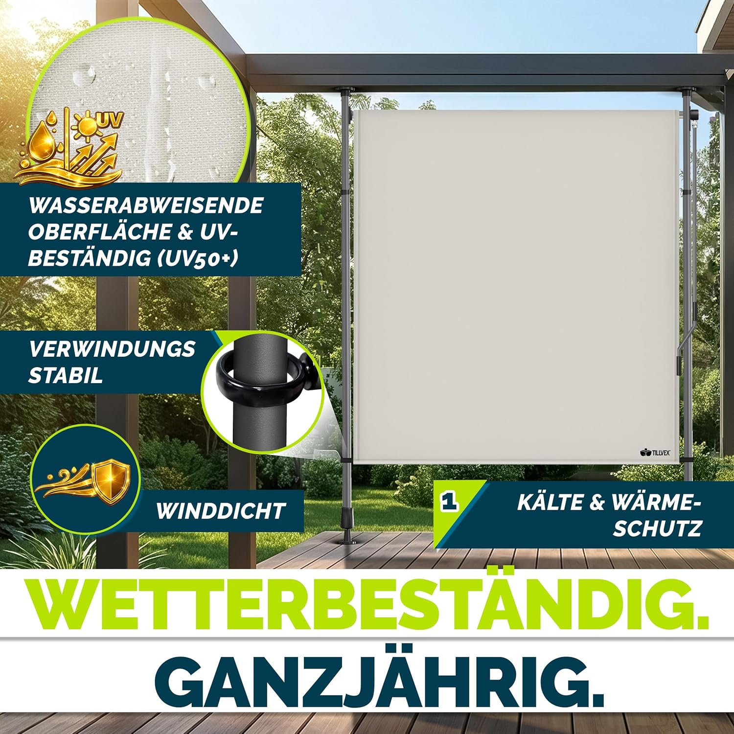 Thumbnail 5 de tillvex Klemmmarkise Senkrechtmarkise – Vertikale Markise für Balkon/ Terrasse 100x310 cm (Beige)