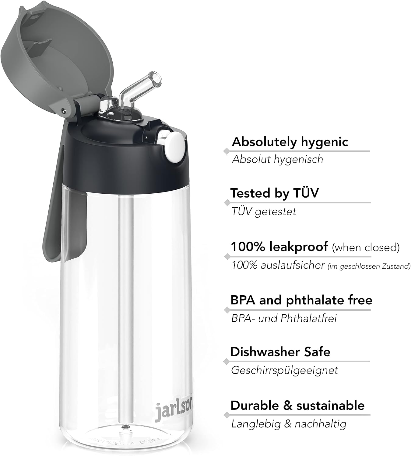 Thumbnail 2 de Jarlson Borraccia Bambini EMI 500ML - Antigoccia con Cannuccia in Tritan, BPA & Ftati Free, Lavabile in Lavastoviglie (Nero)