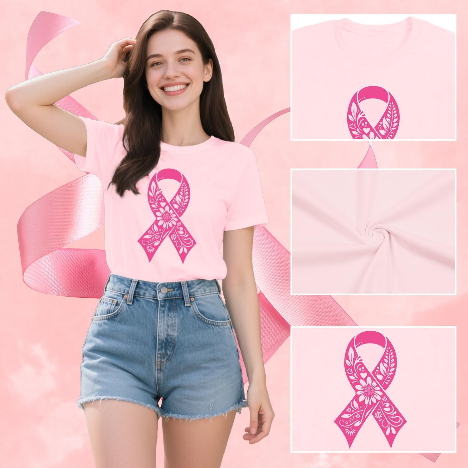 Thumbnail 5 de Qskall Floral Ribbon Breast Cancer Tee for Women