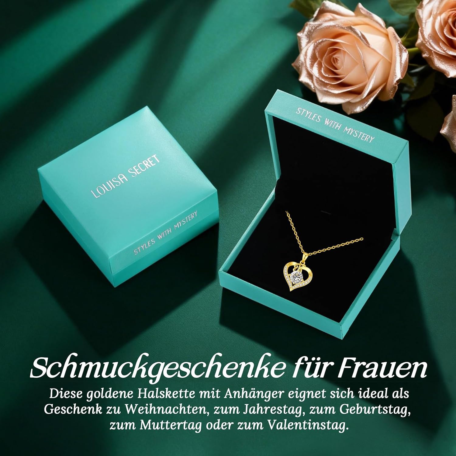 Detalle 2 de LOUISA SECRET Damen-Halskette mit A-Z Großbuchstaben & Herz-Anhänger, 18K vergoldet