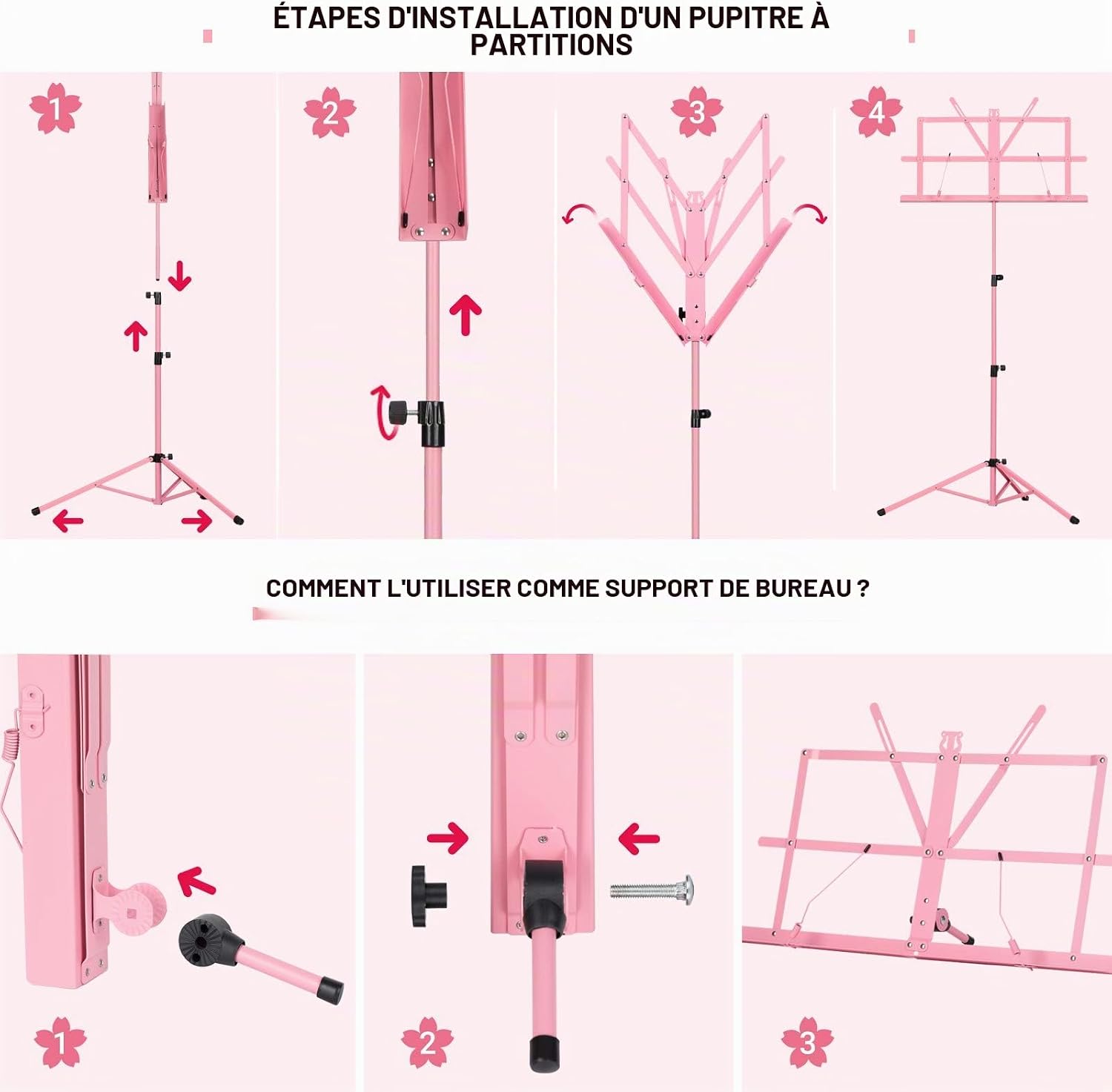 Detalle de CAHAYA Pupitre de Musique Pliable 2 en 1 – Support de Partitions en Métal Rose CY0204-1