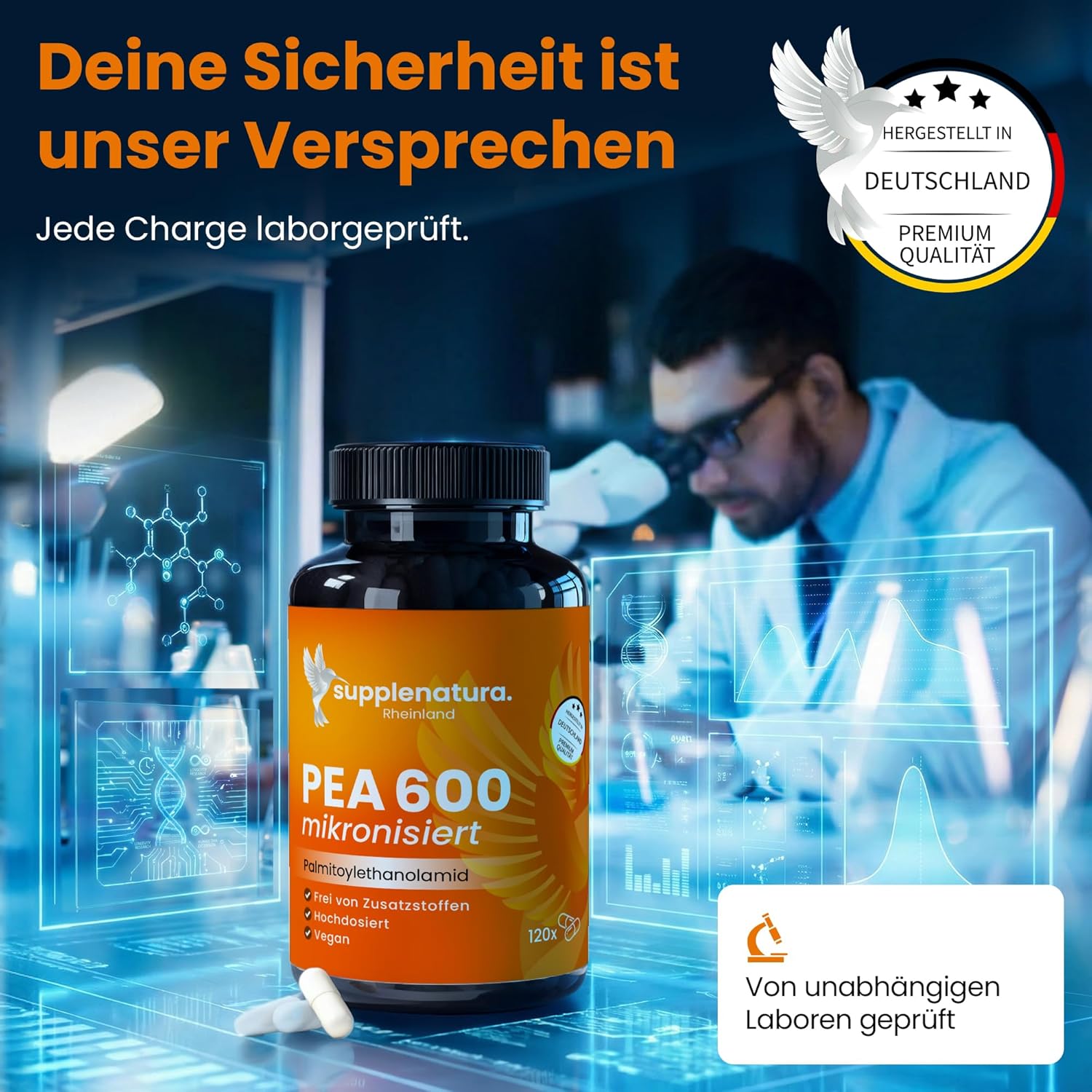 Detalle de PEA Kapseln | Mikronisiert 1200 mg Palmitoylethanolamid pro Tagesdosis – 120 Kapseln | 100% Pure Pea, laborgeprüft, hergestellt in Deutschland