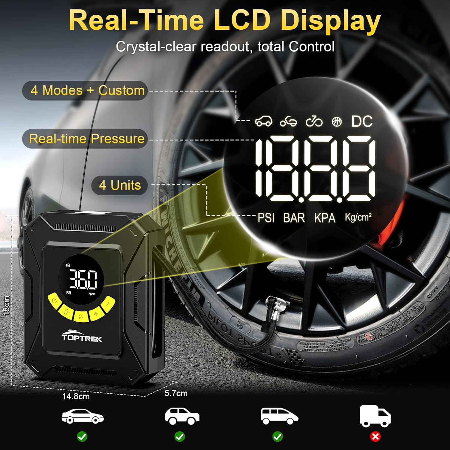 Thumbnail 2 de toptrek 12V Car Tyre Inflator (150 PSI) with Digital LCD, Preset Modes & Auto ShutOff