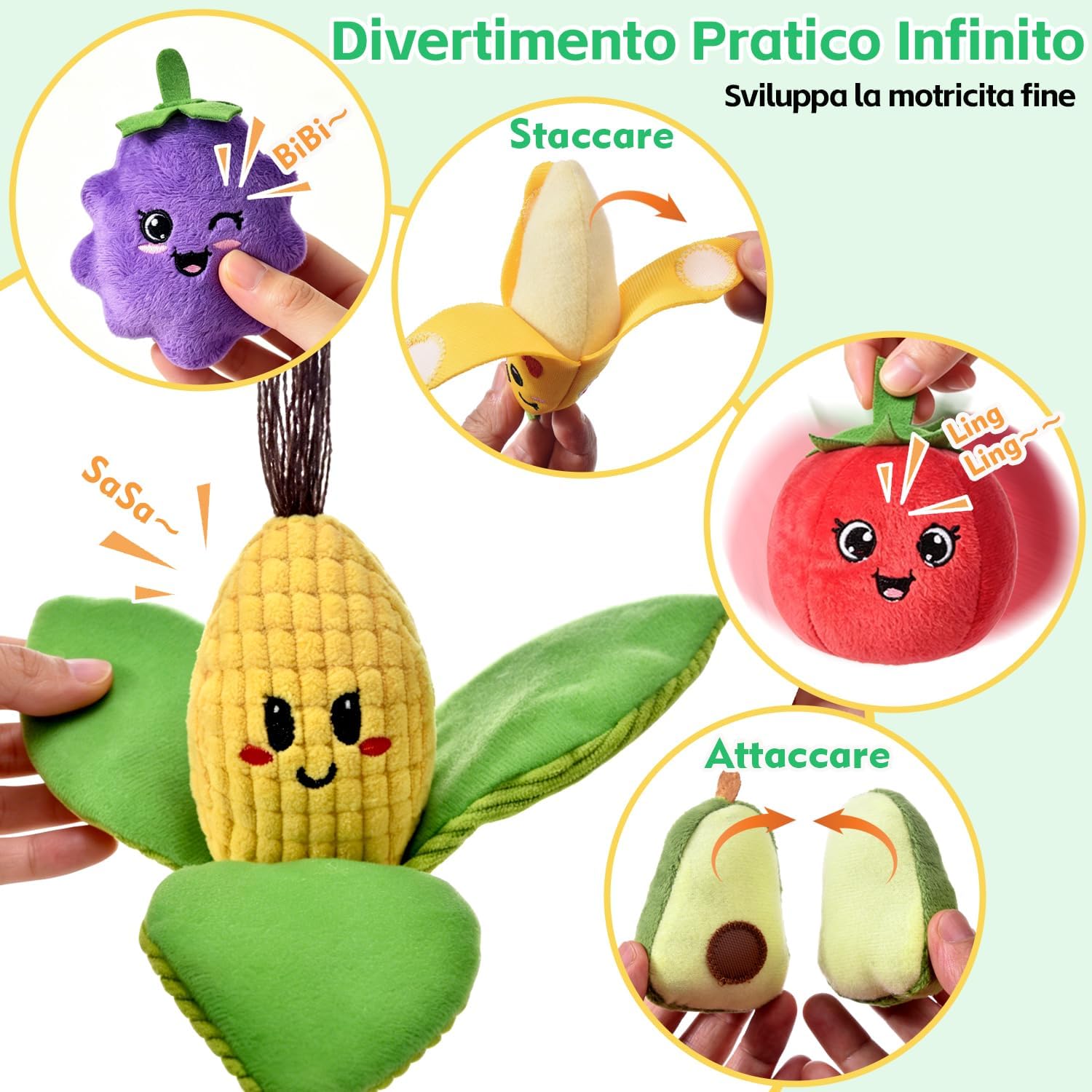 Detalle de Tokiyis Giochi Montessori 6-12 Mesi – 16 PCS Frutta Verdura Peluche con Sonaglio e Cestino