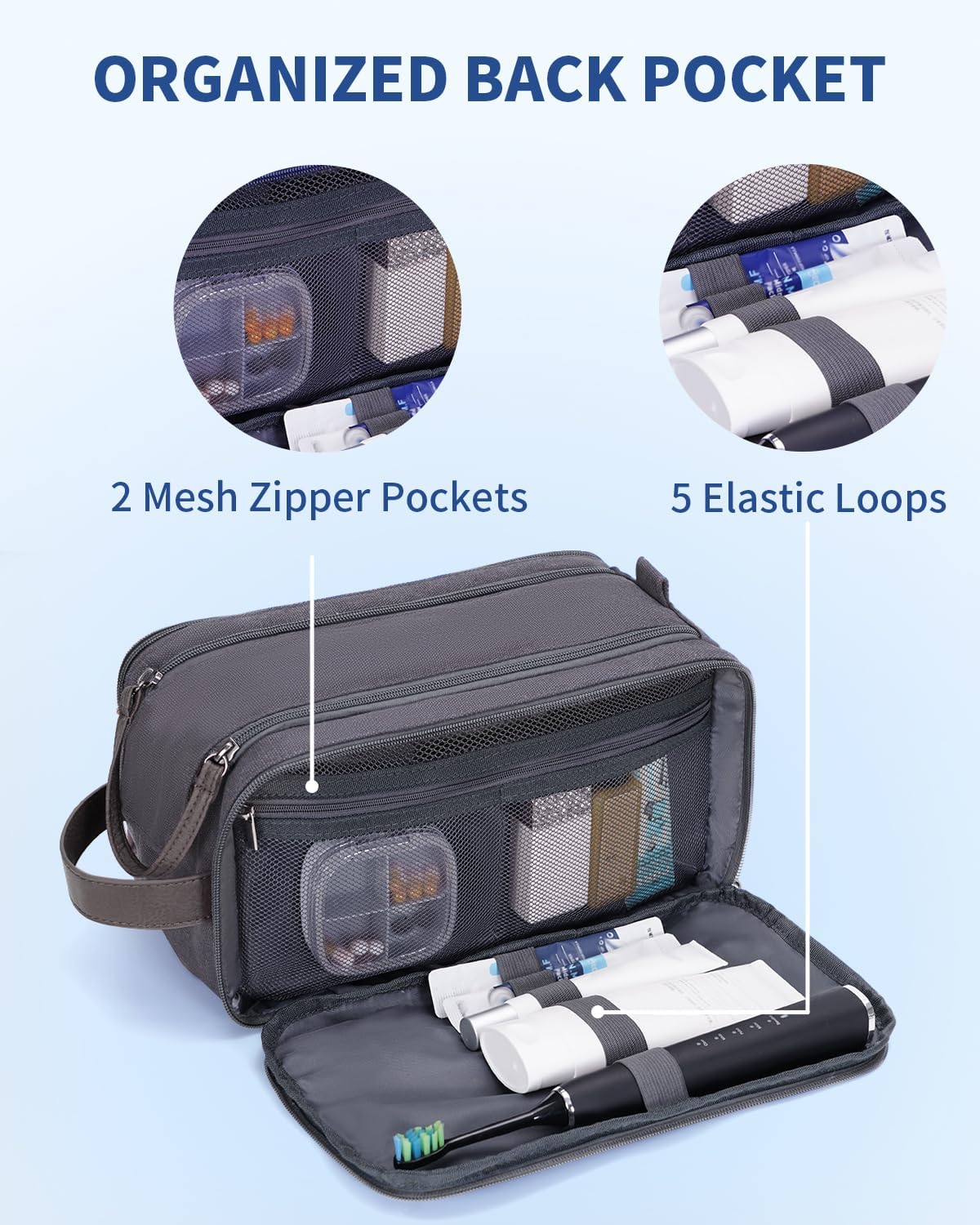 Detalle de WANDF Toiletry Bag for Men Travel Wash Bag: Large Capacity Dopp Kit in Grey (Water-Resistant Canvas & PU Leather)