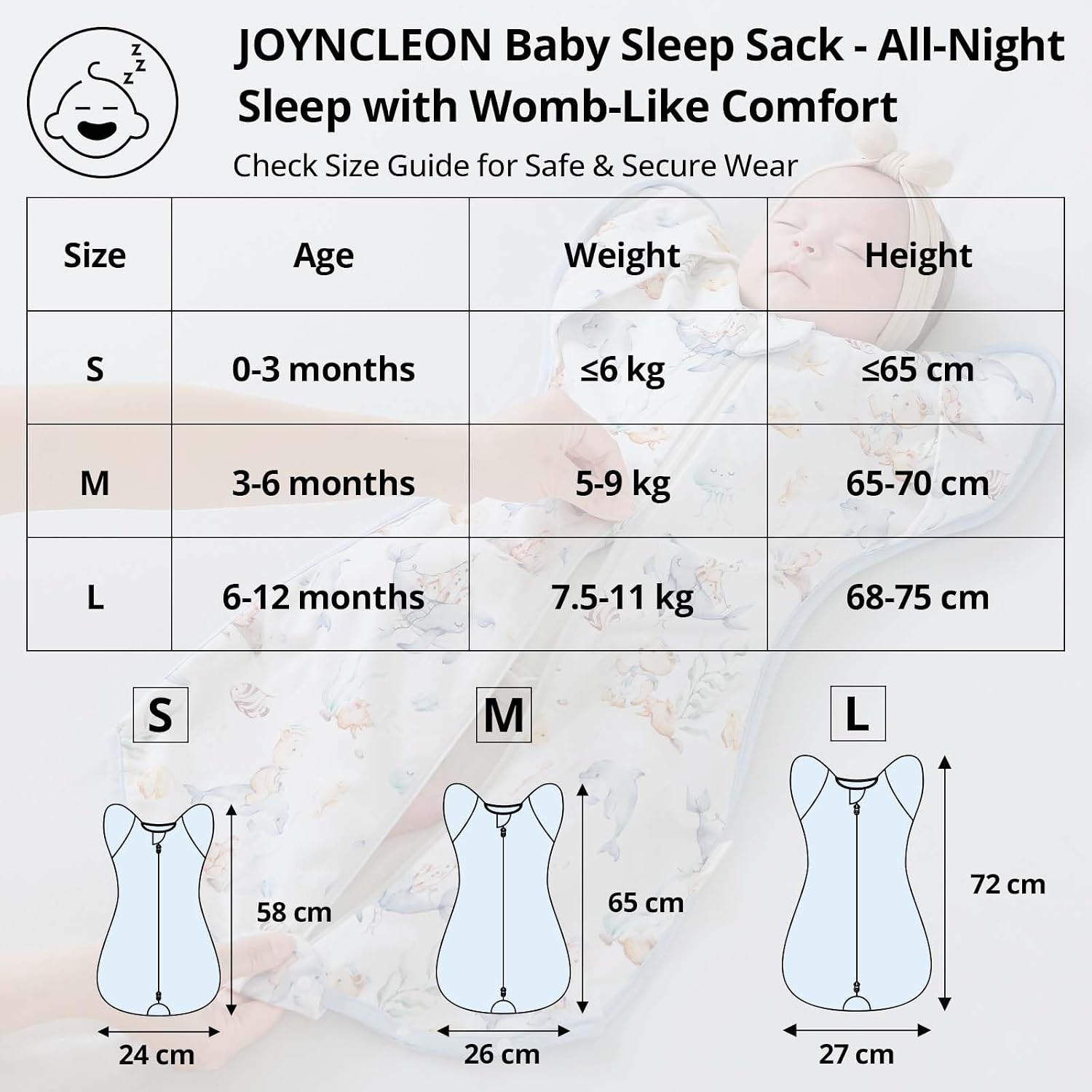 Thumbnail 1 de JOYNCLEON Sacco Nanna Neonato 0,5 TOG in cotone 100% con fasc iatura, 0-6 mesi (Small 2,5-5 kg)