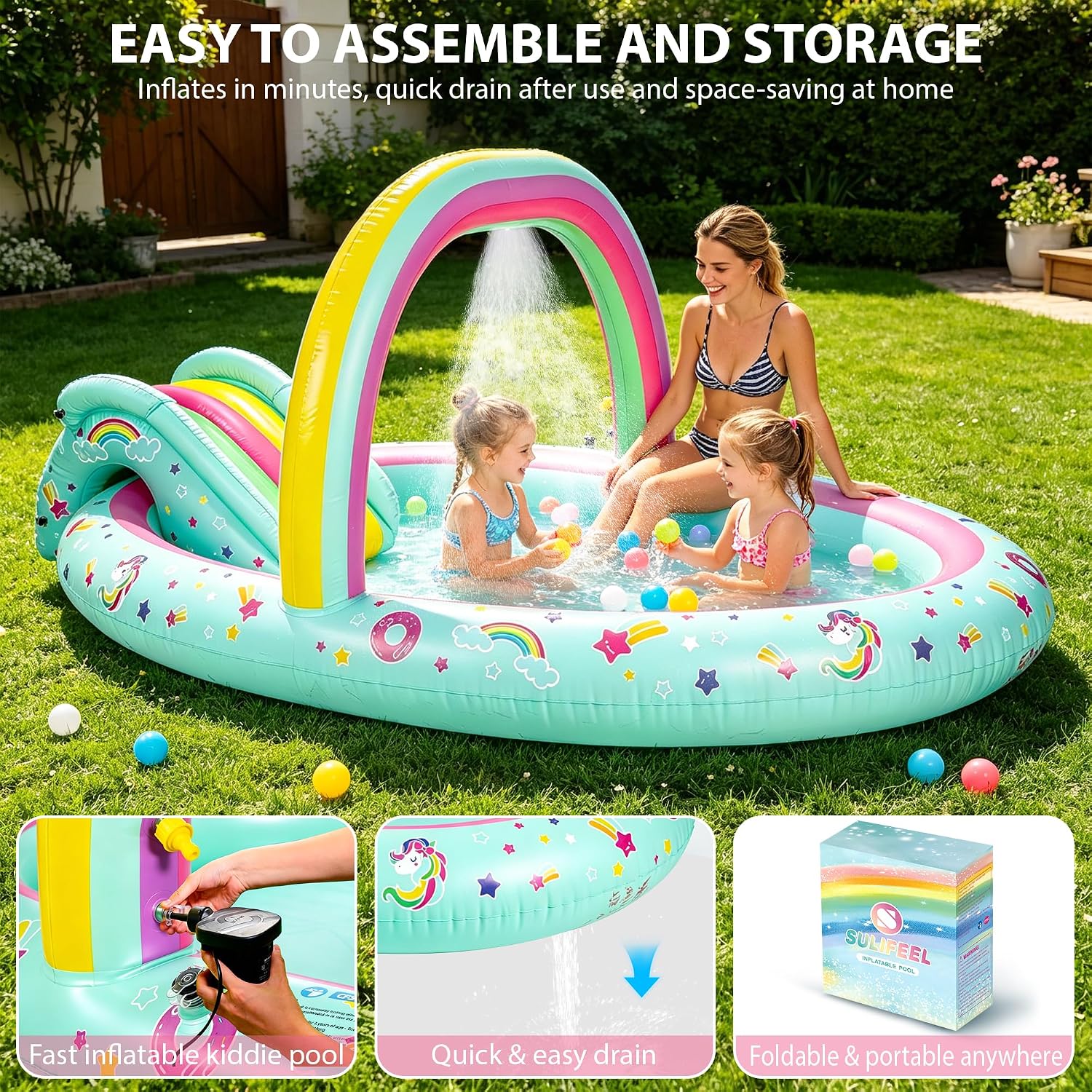 Detalle de SULIFEEL Rainbow Unicorn Inflatable Play Center: 96'' x 59'' x 39'' Kiddie Pool with Slide and Sprinkler