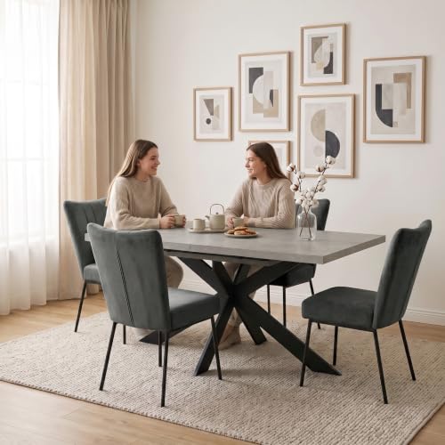 Detalle de JIEXI Set tavolo da pranzo allungabile con 6 sedie in flanella grigia – MDF grigio, base in metallo a X