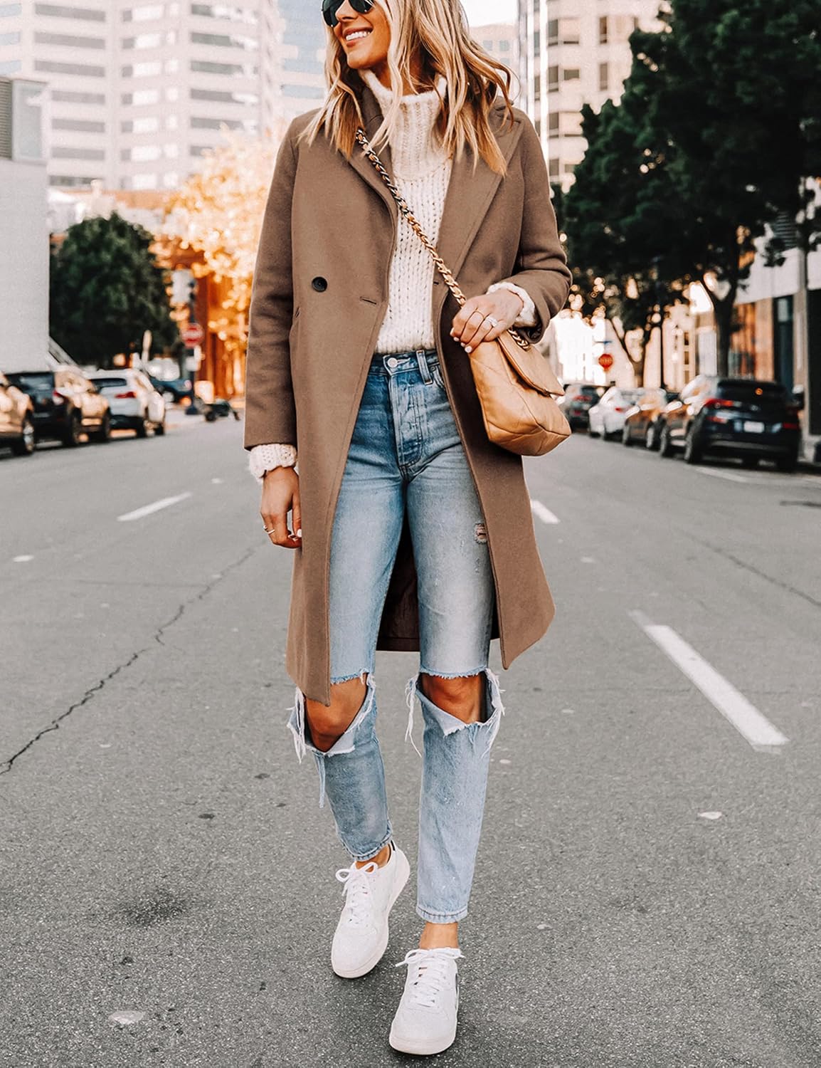 Detalle 2 de Tanming Women's Mid-Long Wool-Blend Pea Coat with Notched Lapel