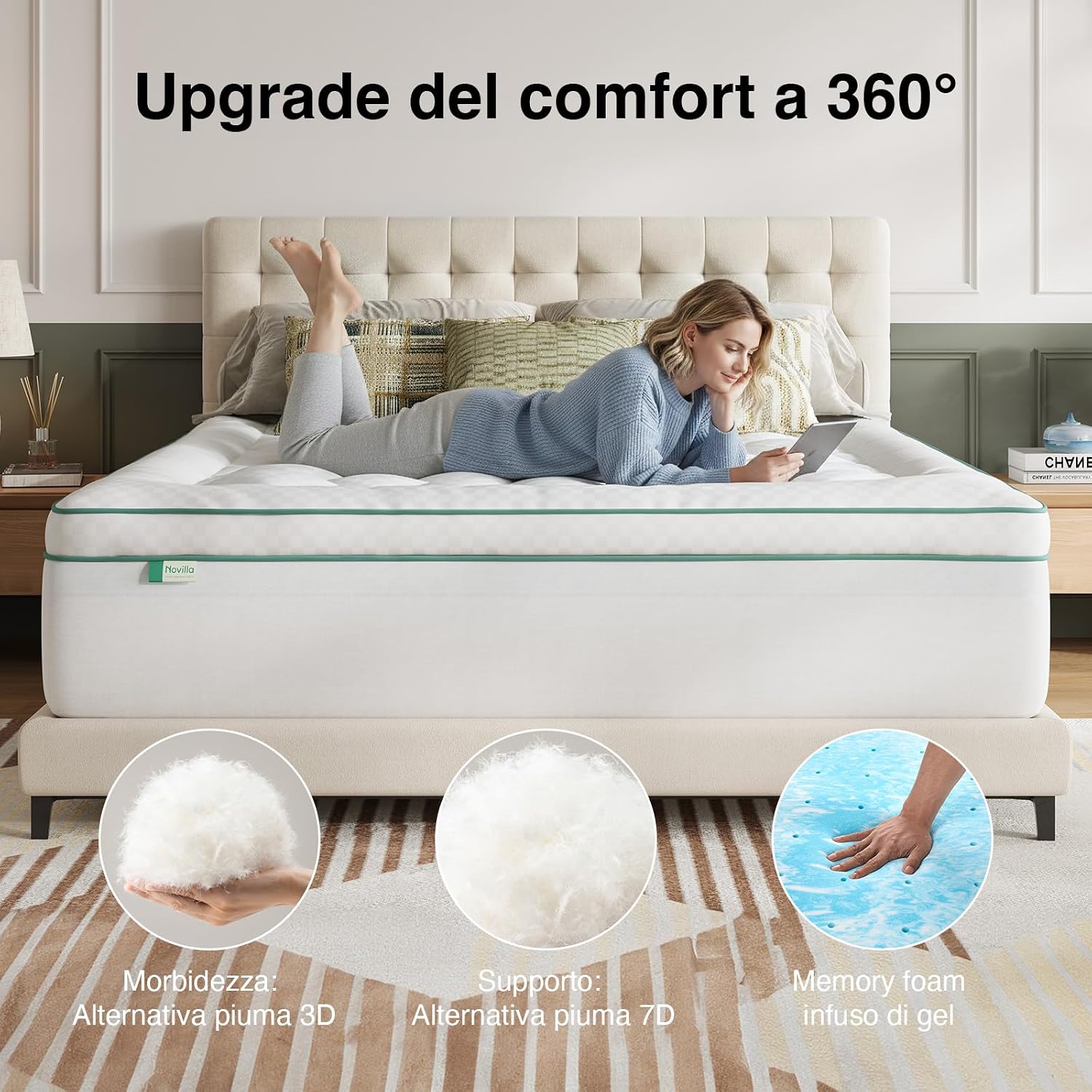 Detalle de Novilla Topper Materasso 160x200 cm 2-in-1: memory gel, design separabile e fodera lavabile