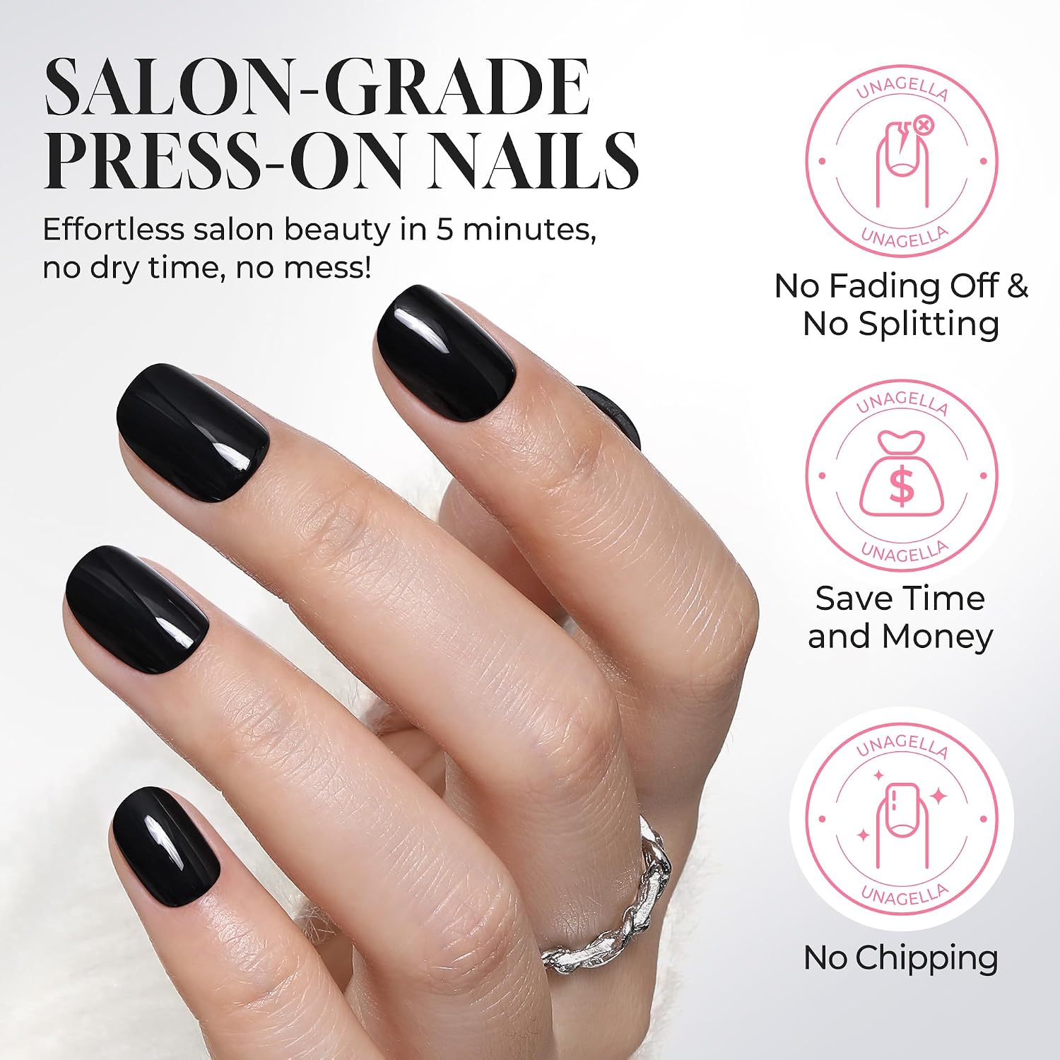 Thumbnail 6 de UNA GELLA UG-B015 Press-On Nails, Short Round Glossy Black, 32-Piece