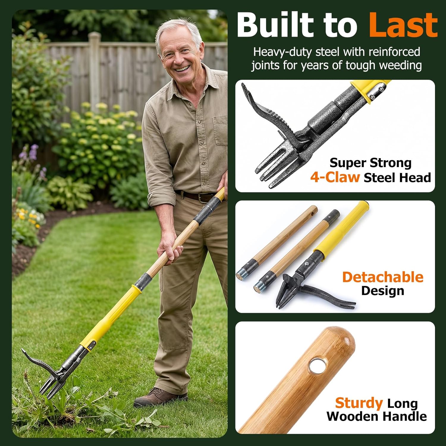 Thumbnail 4 de Slide-Release Stand Up Weed Puller Tool with Reinforced Steel Weeder and 3-Section Long Handle