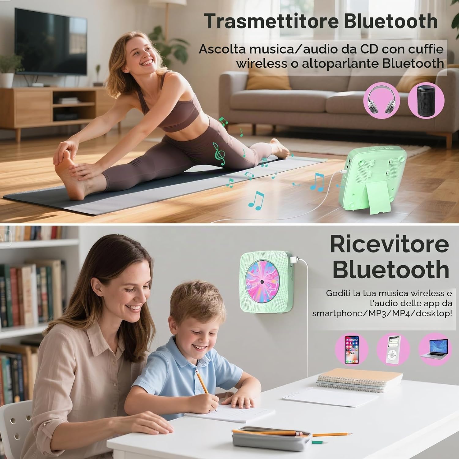 Detalle de Lettore CD Portatile hi-fi Kegaudio con Bluetooth, altoparlanti e supporto a parete – Verde