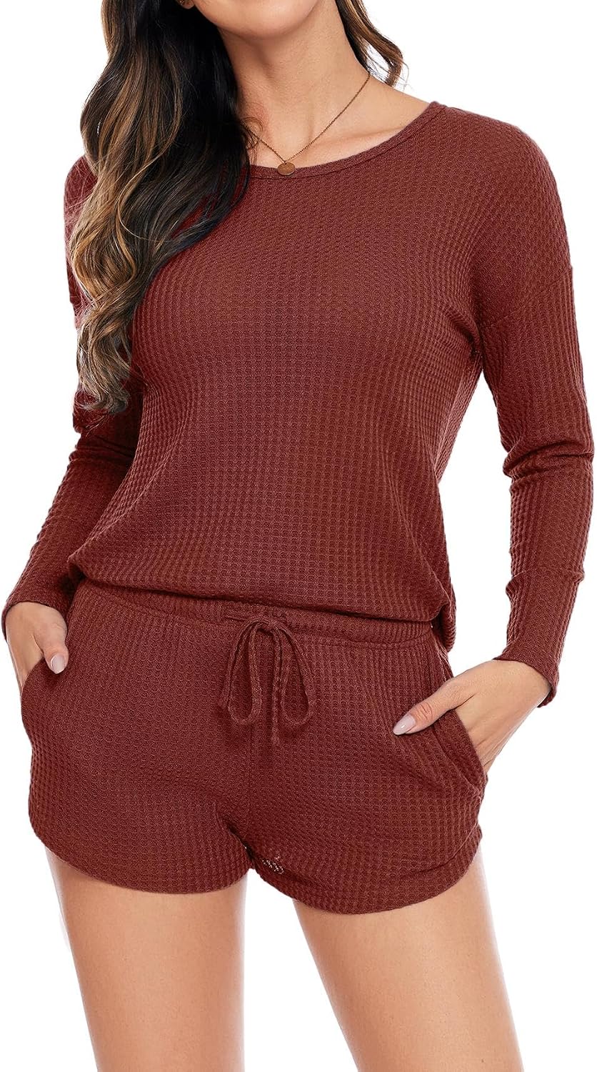 Detalle de Ekouaer Ensemble Pyjama Femme à Manches Longues Gaufre — Haut + Bas avec Poches (2 pièces) - S à XXL