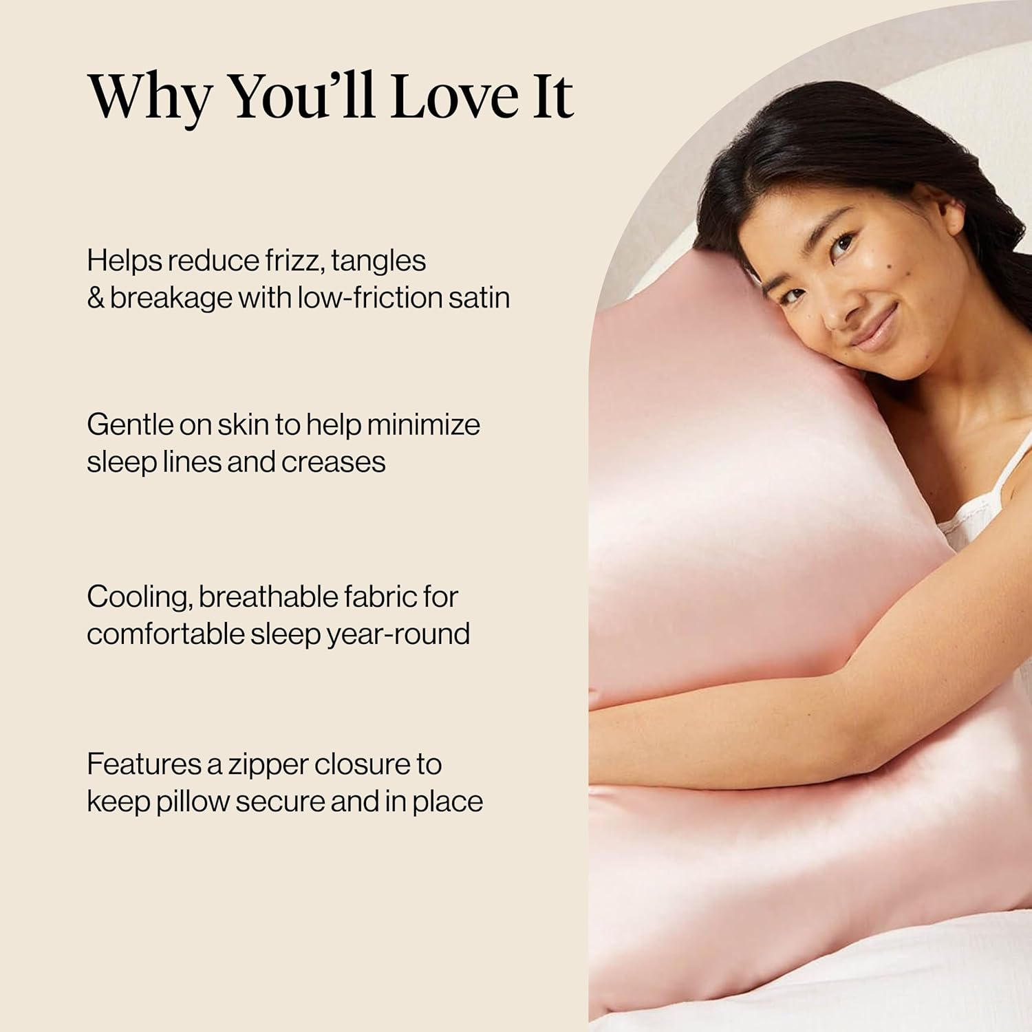 Detalle de Kitsch satin pillowcase with zipper for hair & skin (queen) – Blush