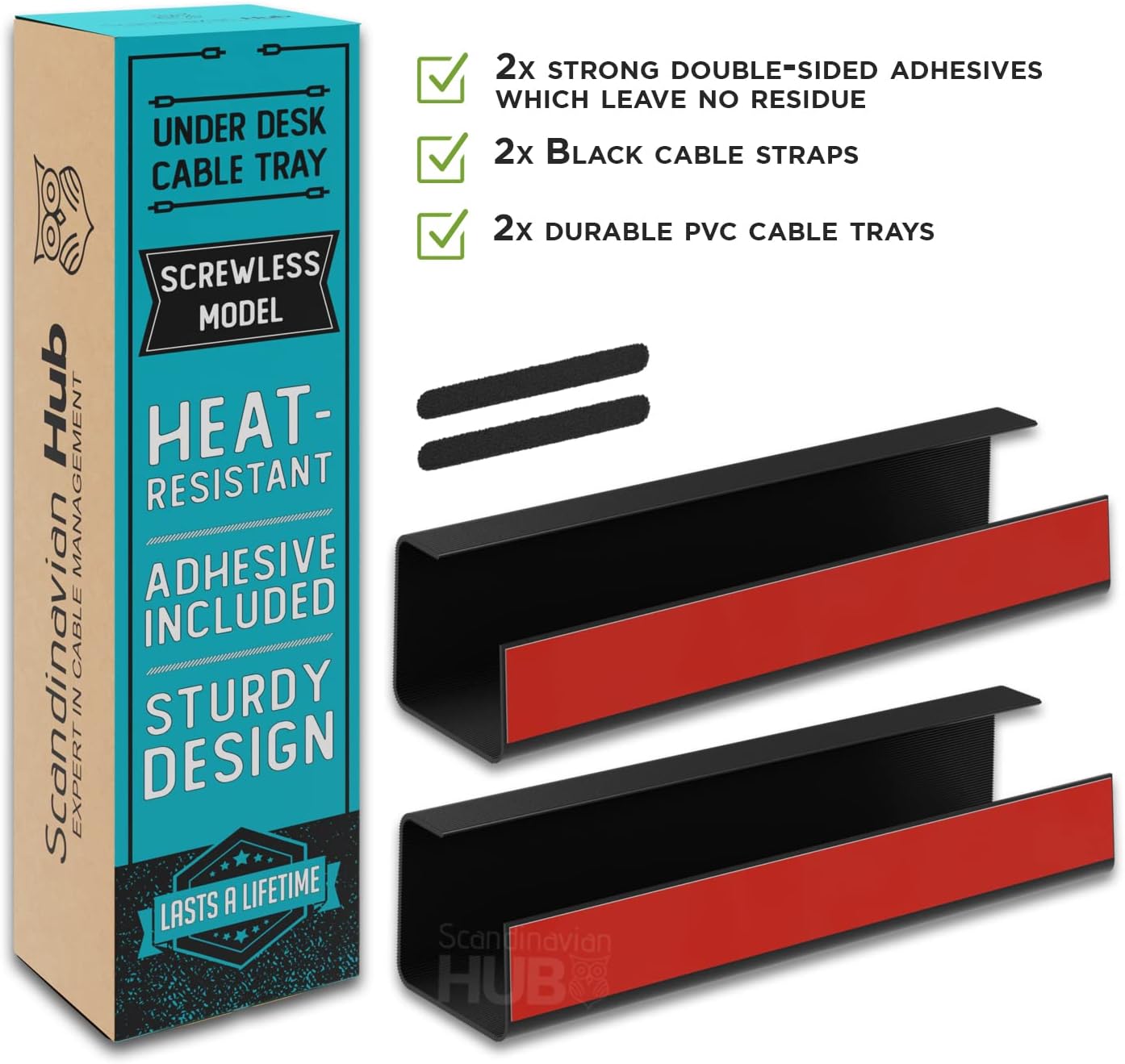 Thumbnail 4 de Scandinavian Hub No-Screw Under Desk Cable Management Tray (Black) — Self-Adhesive Set of 2