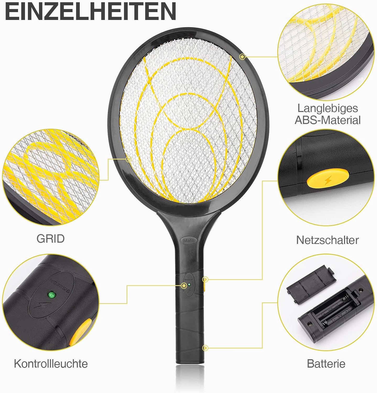 Detalle de mafiti Elektrische Fliegenklatsche – Insektenvernichter mit herausnehmbaren Batterien (Gelb/Schwarz)
