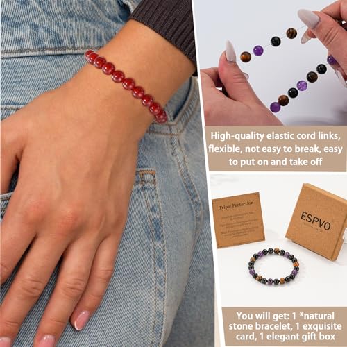 Detalle 2 de ESPVO Crystal Bracelets Gift for Women – Amethyst, Tiger's Eye & Black Tourmaline Beaded Bracelet