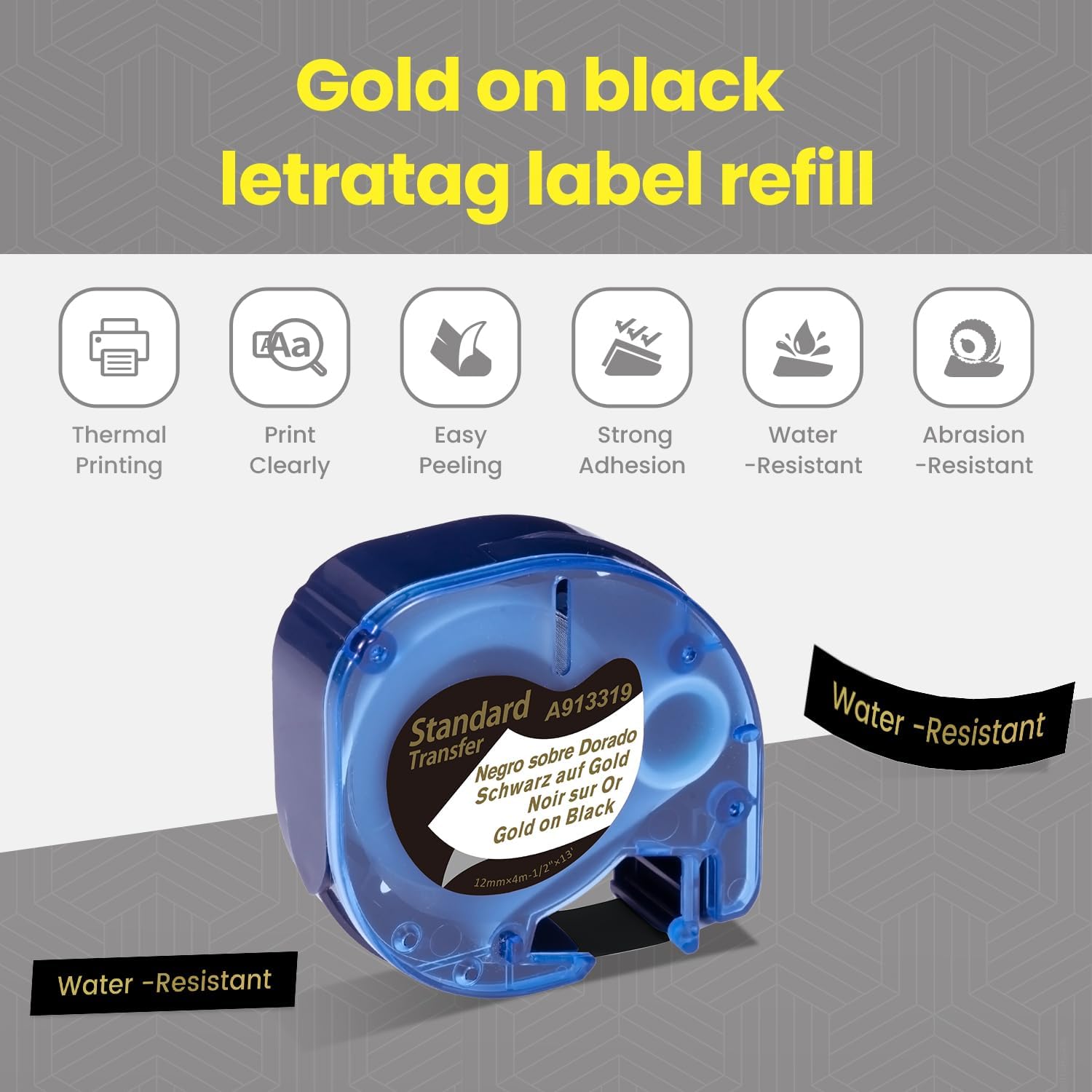 Detalle 2 de Label KINGDOM 913319 LetraTag Label Tape, Gold on Black, 3-Pack