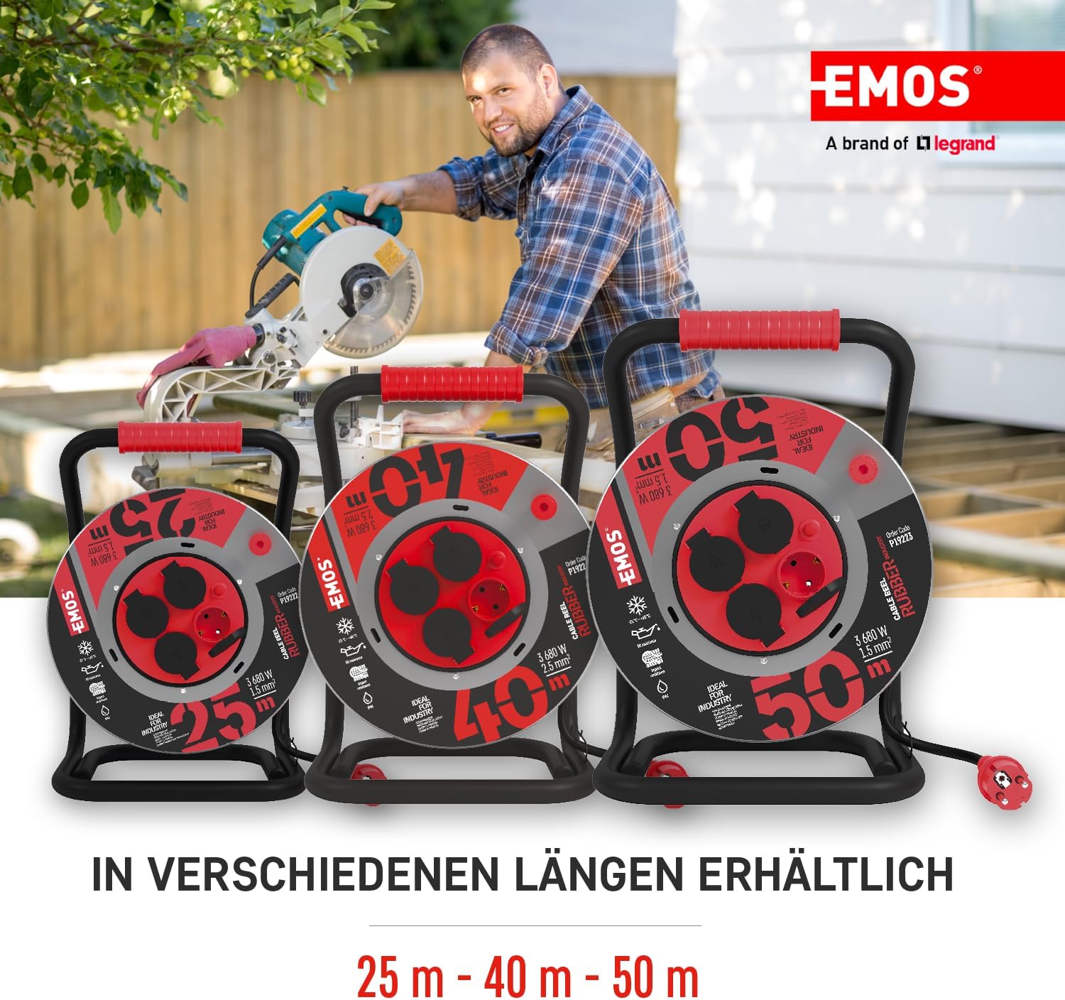 Thumbnail 3 de EMOS P19223 – bęben kablowy 50 m, stalowy, 4 gniazda Schuko, IP44
