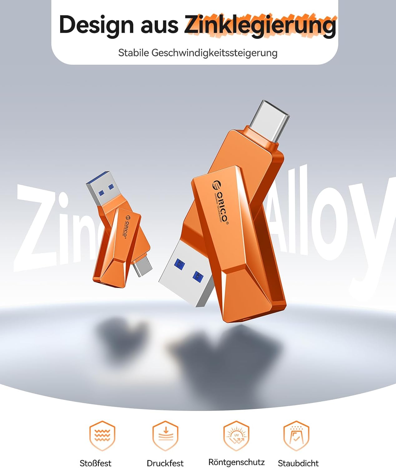 Thumbnail 6 de ORICO USB Stick 128GB CB05 – Dual USB-C/USB-A, USB 3.2 Gen1, 150 MB/s, Zinkgehäuse, 360° Drehverschluss, Orange