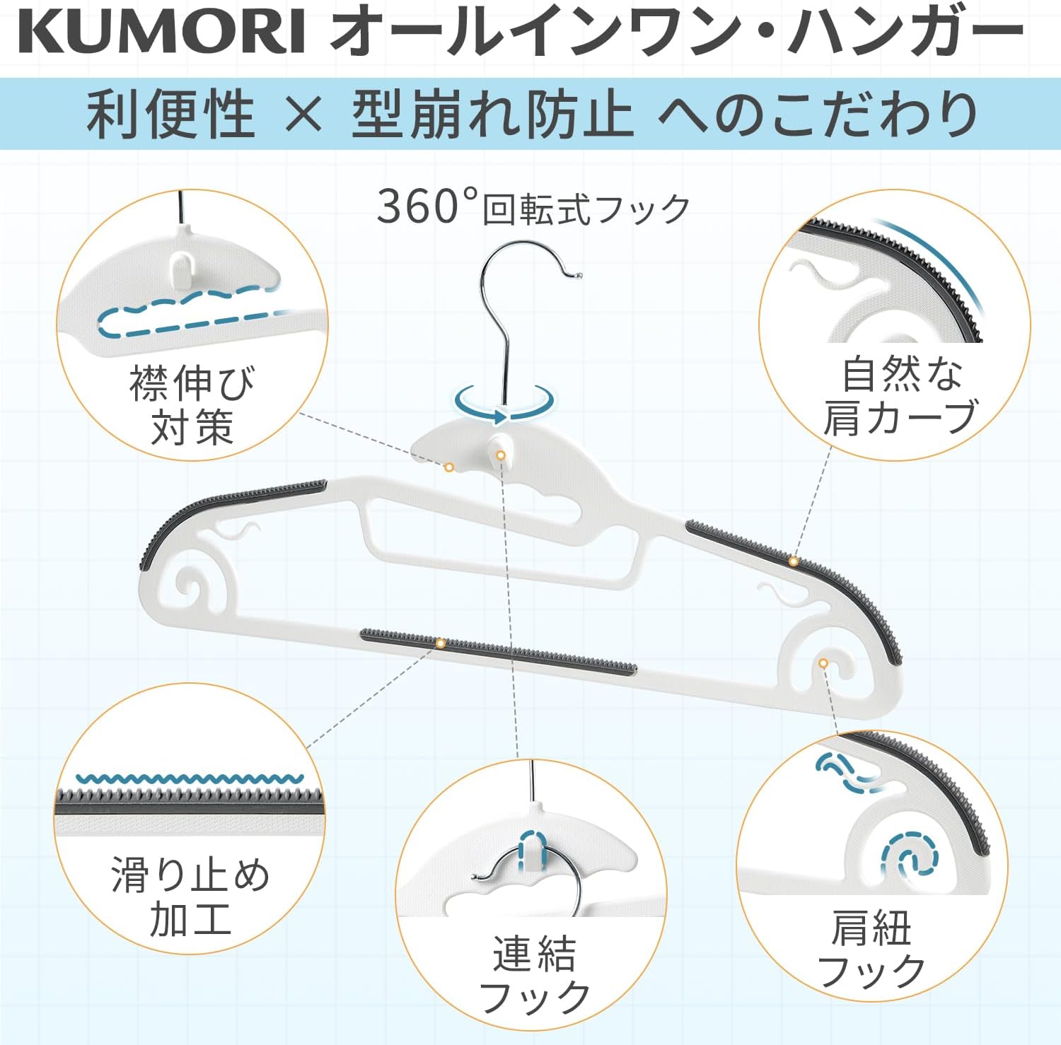 Detalle 2 de クモリ(Kumori) 衣類ハンガー 20本組 襟伸び防止スリット・滑り止め・連結収納