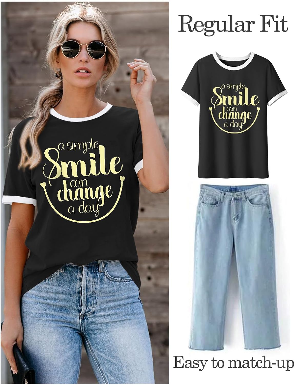 Thumbnail 1 de WIEIYM Women Round Neck Short Sleeve T-Shirt with Smile Graphic Print