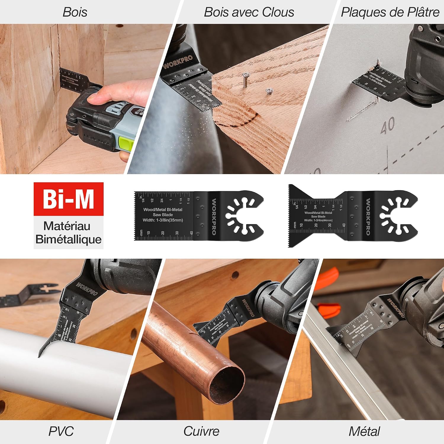 Detalle de Coffret de 22 lames de scie oscillante WORKPRO 22Pcs (universelles) pour bois, métal, plastique et clous