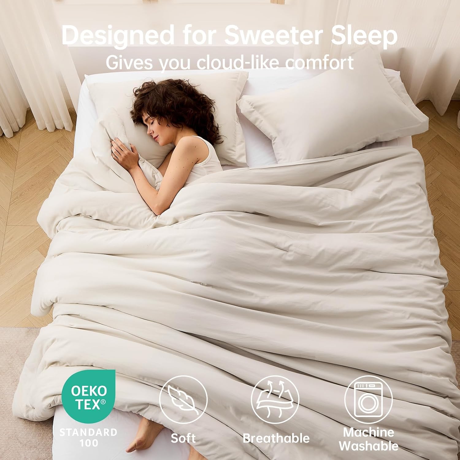 Thumbnail 1 de MUXHOMO Queen Size Comforter Set (Beige) — 3-Piece All-Season Down-Alternative Bedding