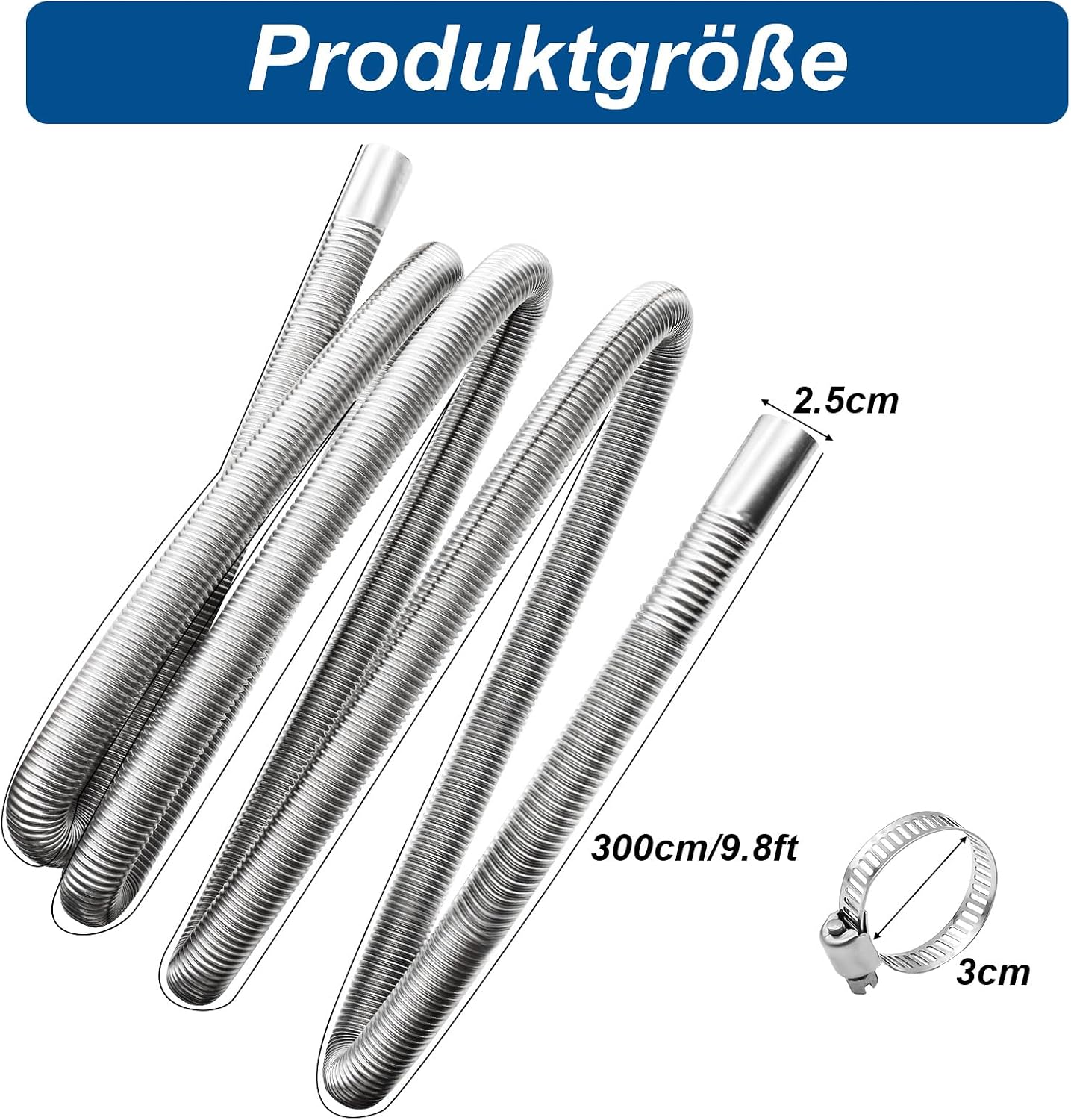 Detalle de VEGCOO Abgasrohr Standheizung – Edelstahl Abgasschlauch 200 cm mit Schalldämpfer, Adapter und zwei Edelstahlschellen