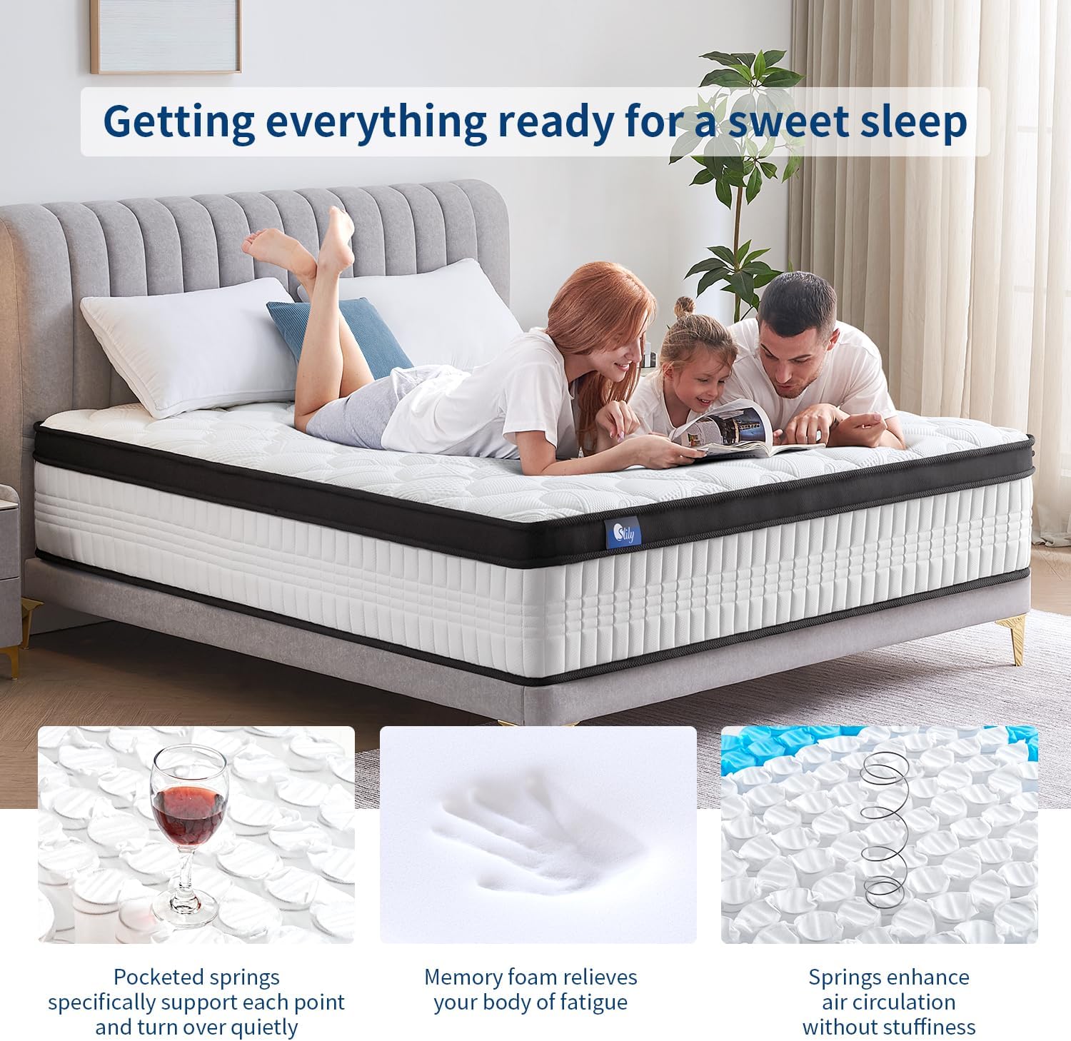 Thumbnail 4 de slily 12 Inch 4ft6 Double Hybrid Pocket Sprung Memory Foam Mattress (7-Zone, 30cm deep) for back support