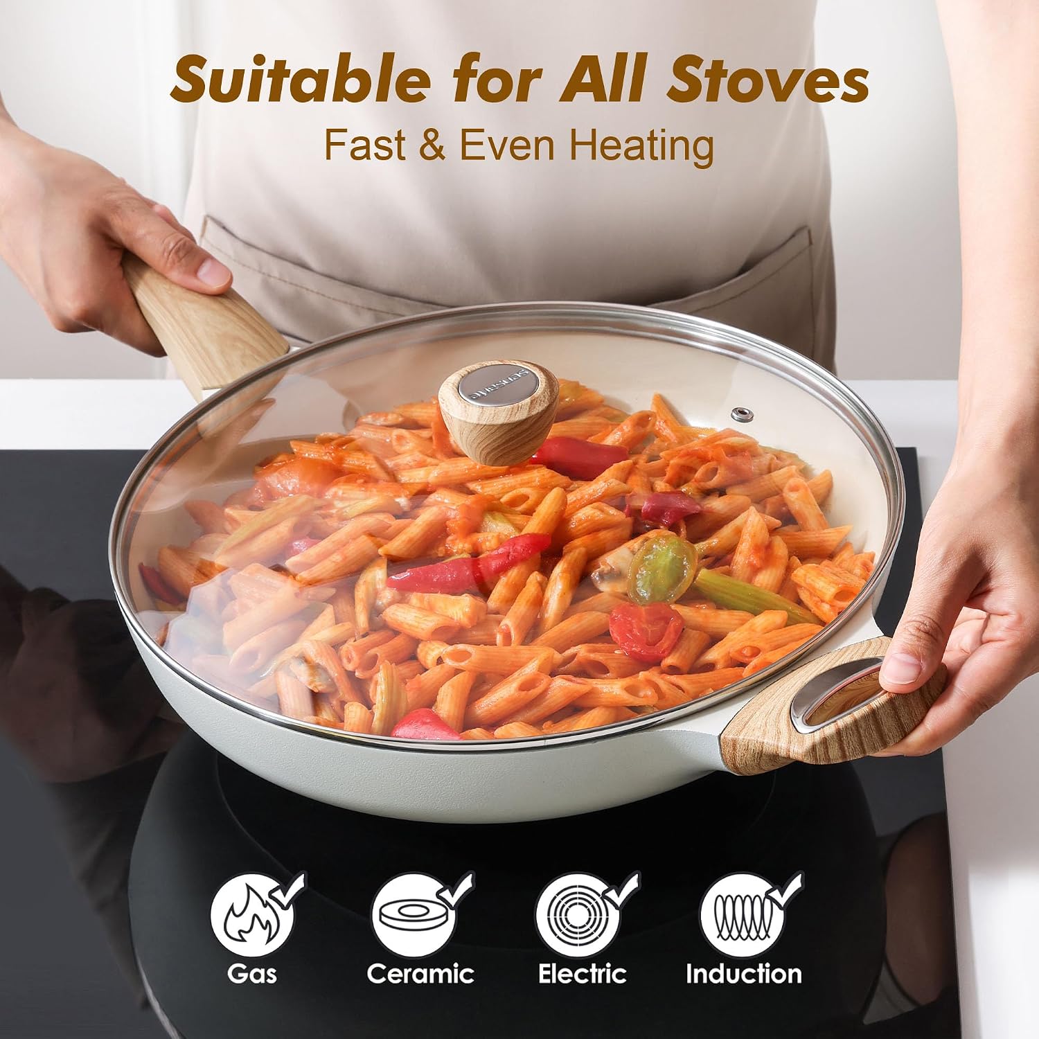 Thumbnail 3 de SENSARTE 12.5-Inch Ceramic Nonstick Frying Pan with Lid – Induction Compatible, Healthy Kitchen Chef’s Pan