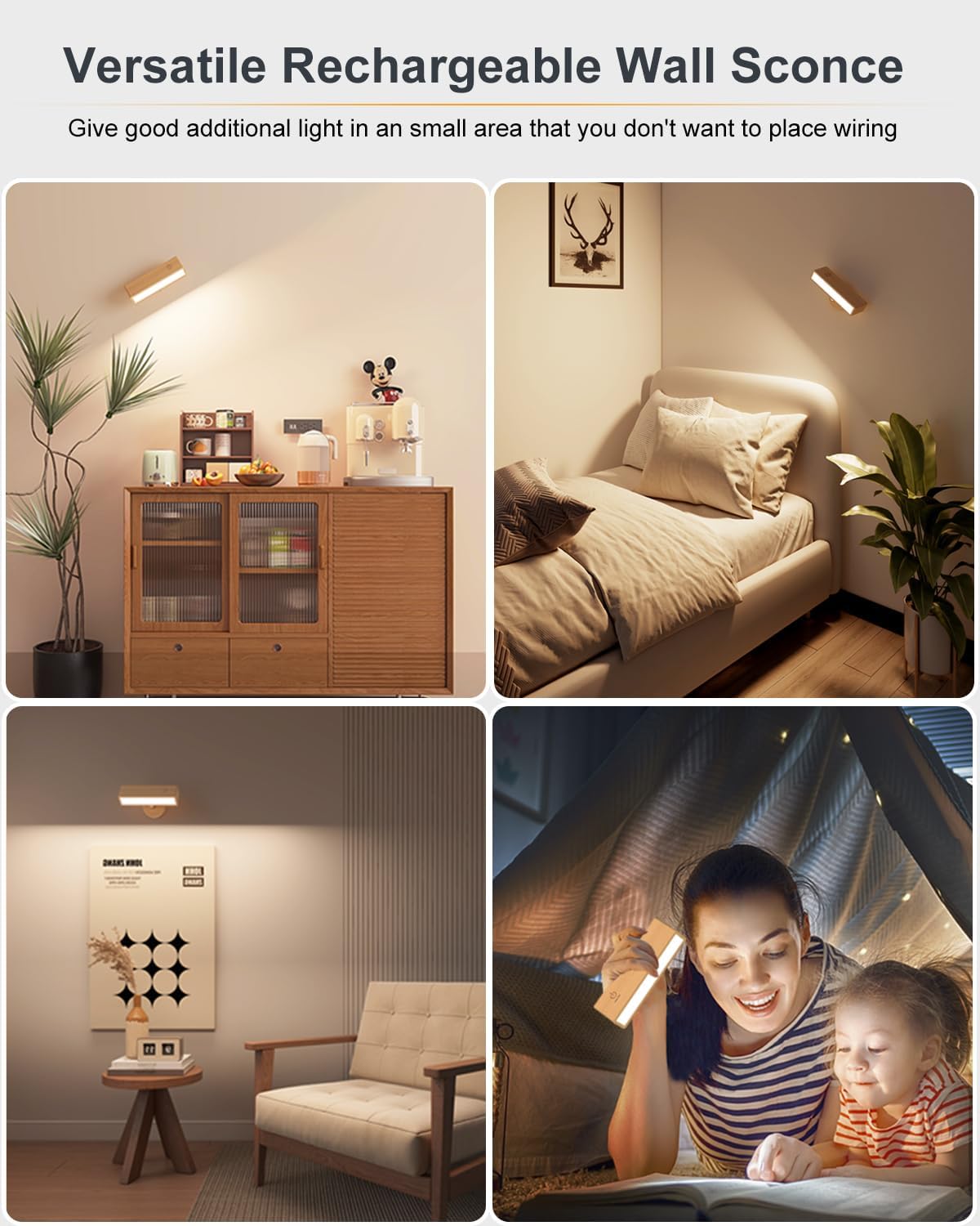Detalle de DetarZinLED applique da parete interno a batteria ricaricabile con luce LED ruotabile 360° e touch