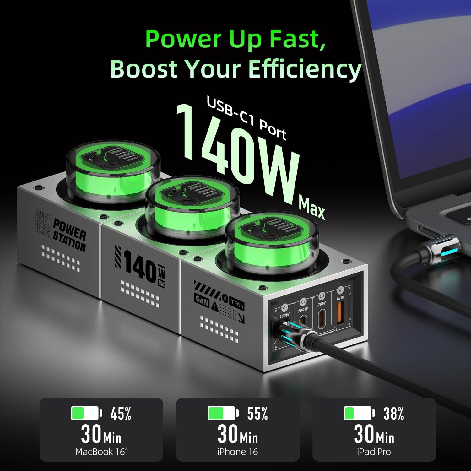 Detalle de Mfish E-Tank 140W GaN Desktop Charging Station (7-in-1) with 3 AC Outlets and 4 USB-C Ports