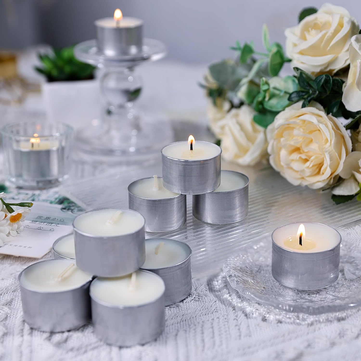 Detalle de 50 Pack 8 Hour Vegan Wax Tea Light Candles – Unscented with Cotton Wicks