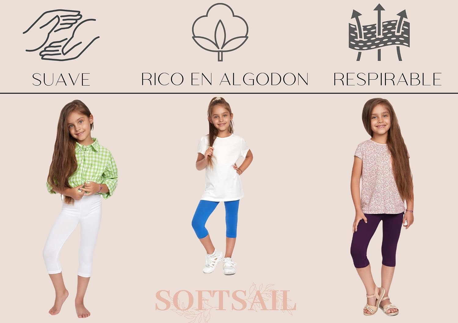 Detalle 2 de SOFTSAIL Girls 3/4 Capri Leggings – Cotton, Breathable and Stretchy for Active Kids
