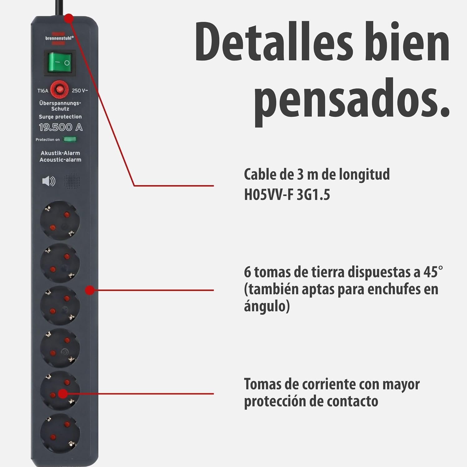 Thumbnail 3 de Brennenstuhl Secure-Tec regleta 6 tomas 3 m