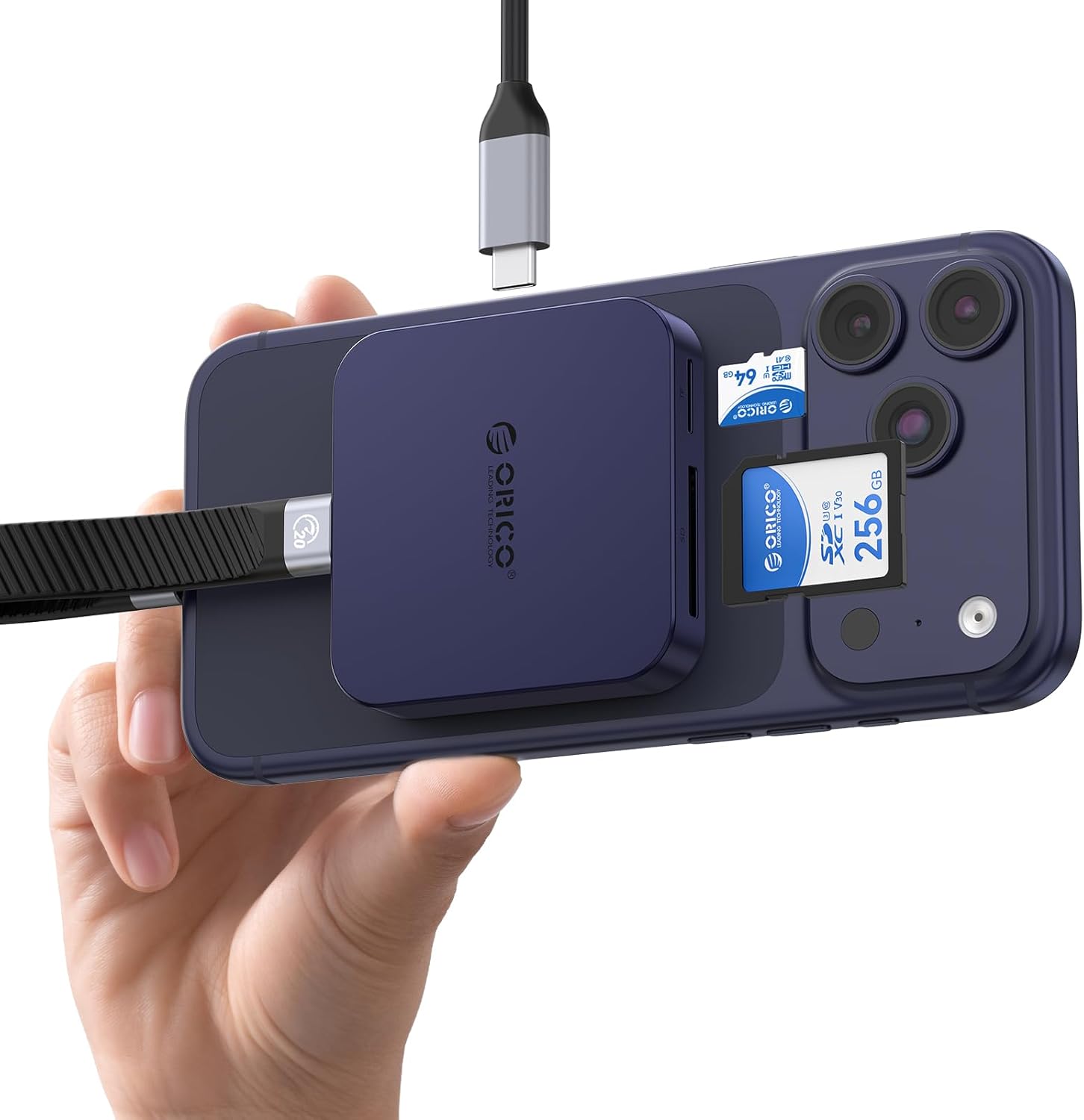 ORICO Magnétique lecteur carte SD USB-C 4-en-1 avec charge PD 100 W (bleu) – transfert jusqu’à 104 Mo/s