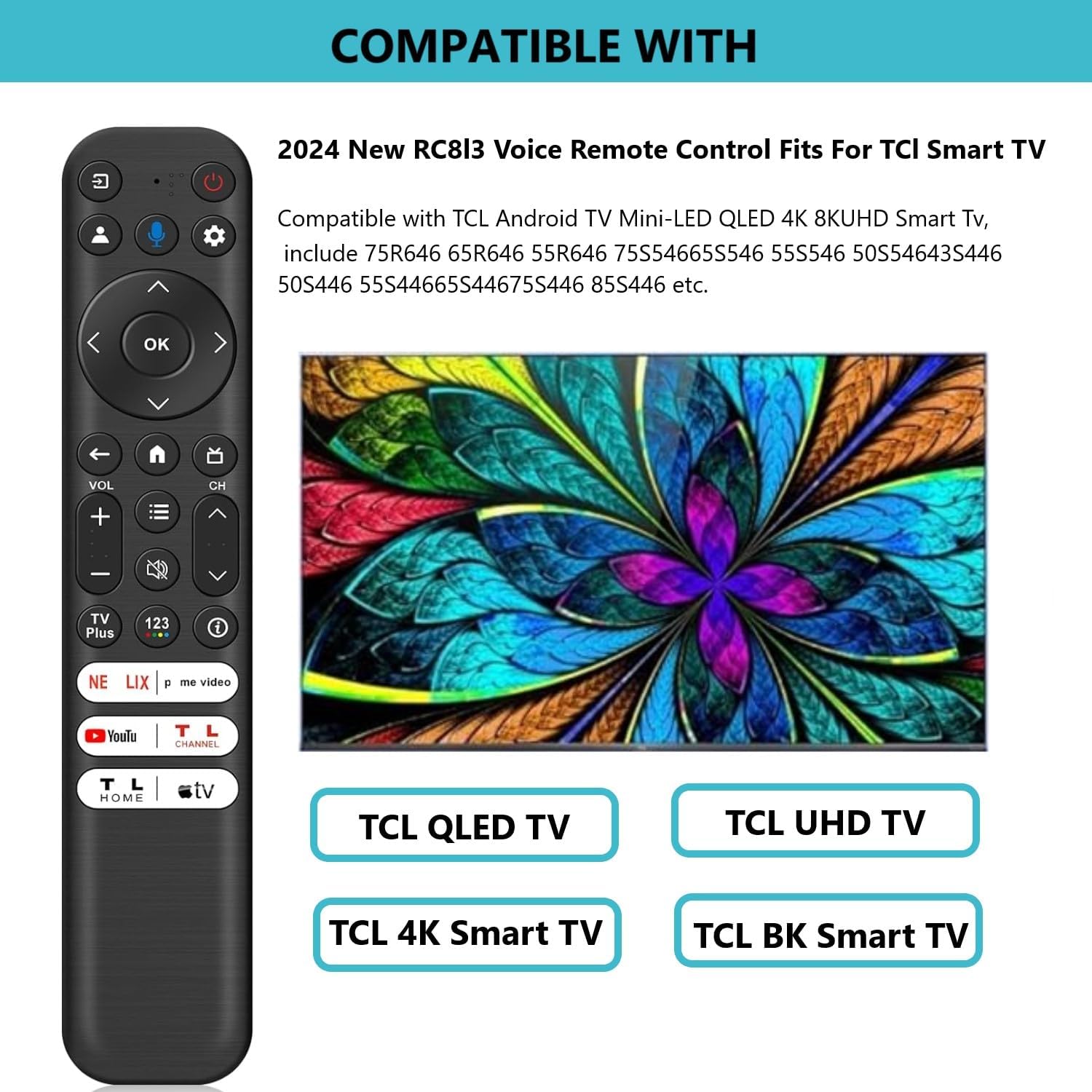 Detalle 2 de Replacement RC813 Voice Remote for TCL Google TV (Q6, Q7, QM8, S3, S4, Q570G, Q550G, S45G, S550G Series)